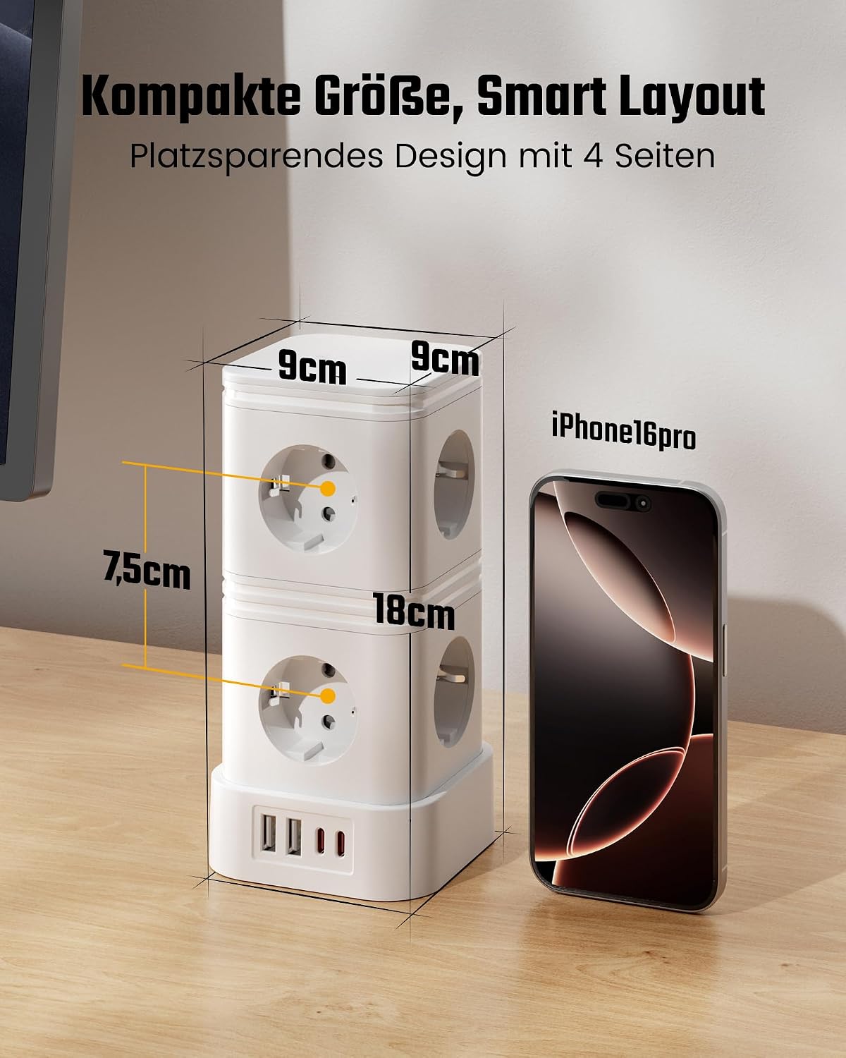 Mehrfachsteckdose Überspannungsschutz, 8-fach Mehrfachsteckdose mit PD 20W USB C, Steckdosenleiste mit Schalter, Steckdosenwürfel mit Verlängerungskabel 2m, 16A/3840W, Weiß – Bild 5