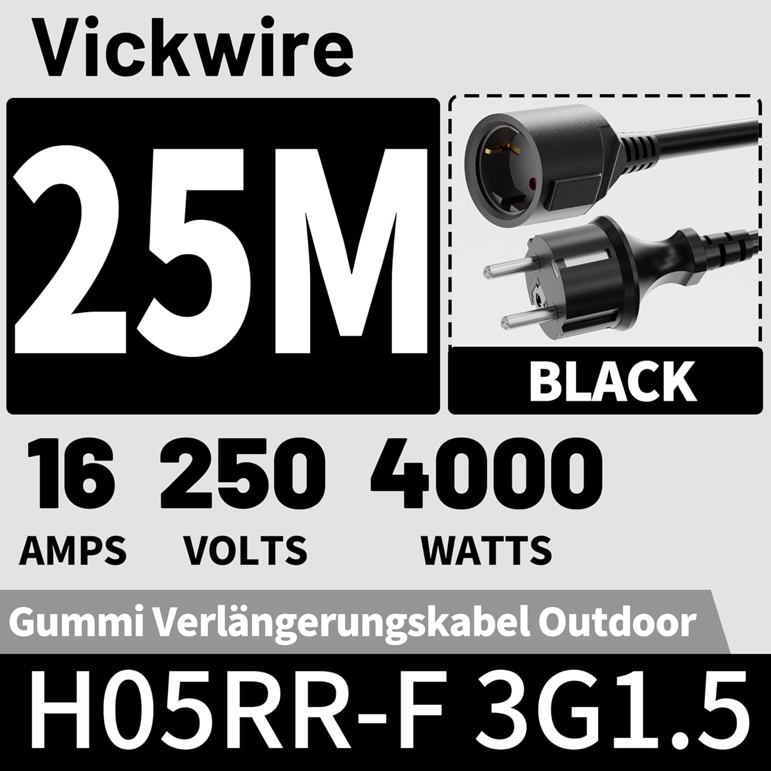 Gummi-Verlängerungskabel 25 m, Außenkabel, Kabelverlängerungen mit Schutzkontaktstecker, Schuko-Verlängerung 16 A/250 V, schwarz, H05RR-F 3G 1,5 mm² – Bild 2
