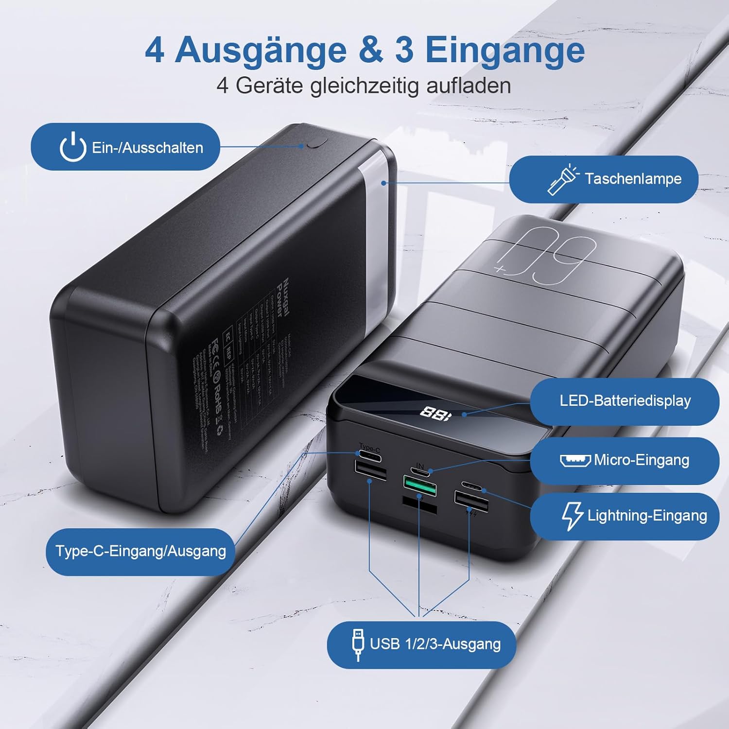 60000 mAh Powerbank 22,5 W Powerbank PD USB-C Schnellladefunktion Externer Akku mit 4 Ausgängen und 3 Eingängen, kompatibel mit Smartphone, Tablets, Tablet usw. Schwarz – Bild 4