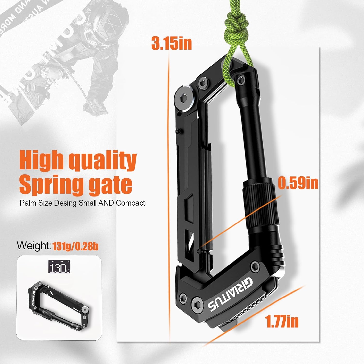 8en1 Karabiner-Multitool mit Taschenmesser, Säge, Seilschneider, Schraubendreher, Dosen, Flaschenöffner, Lineal, Klappmesser, Geschenke für Männer, Camping-Zubehör, Wandern (schwarz) – Bild 3