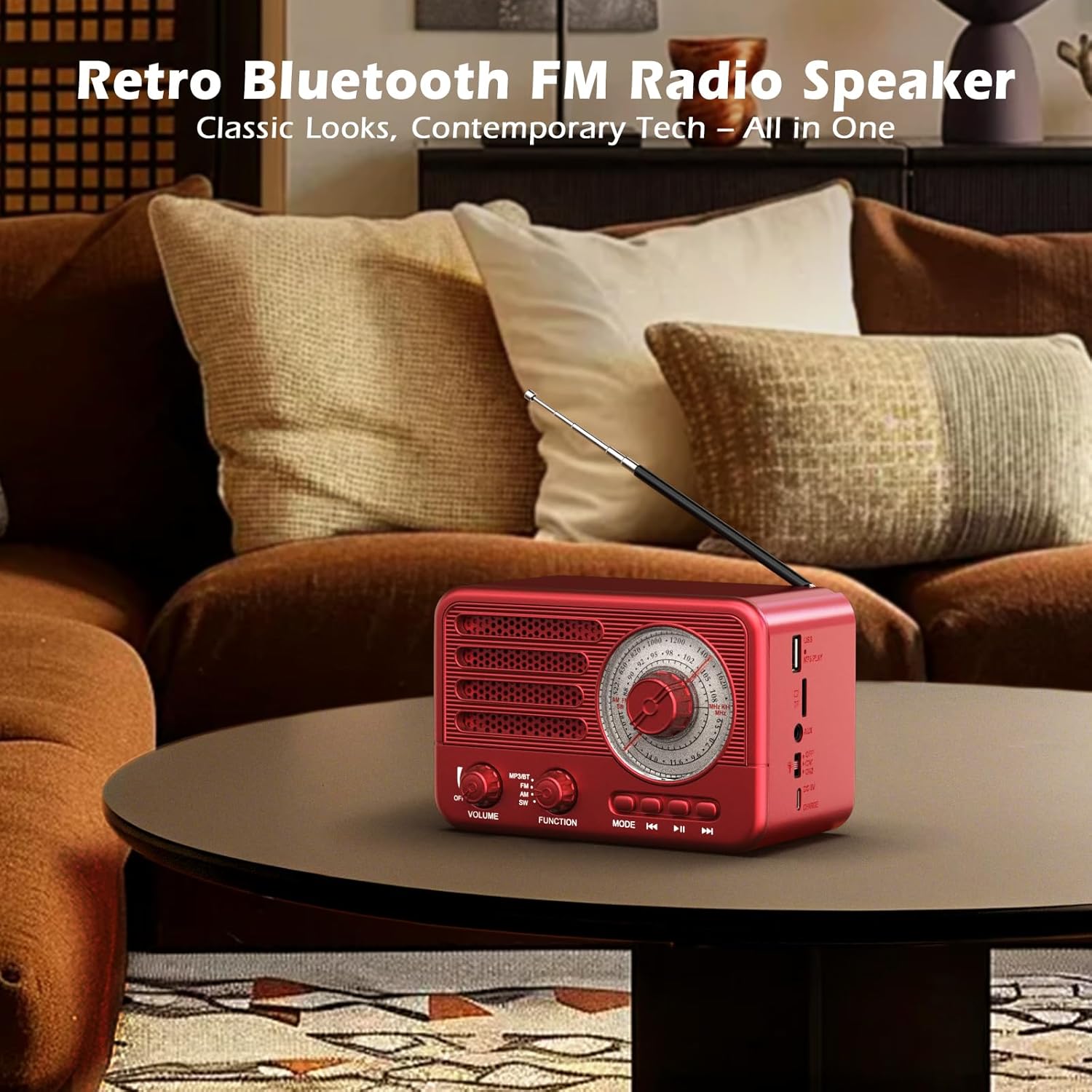 Retro-Transistorradio, batteriebetriebenes AM-FM-SW-Radio, kleiner wiederaufladbarer tragbarer MP3-Player mit Unterstützung für TF-Karte/Aux/USB (rot) – Bild 4