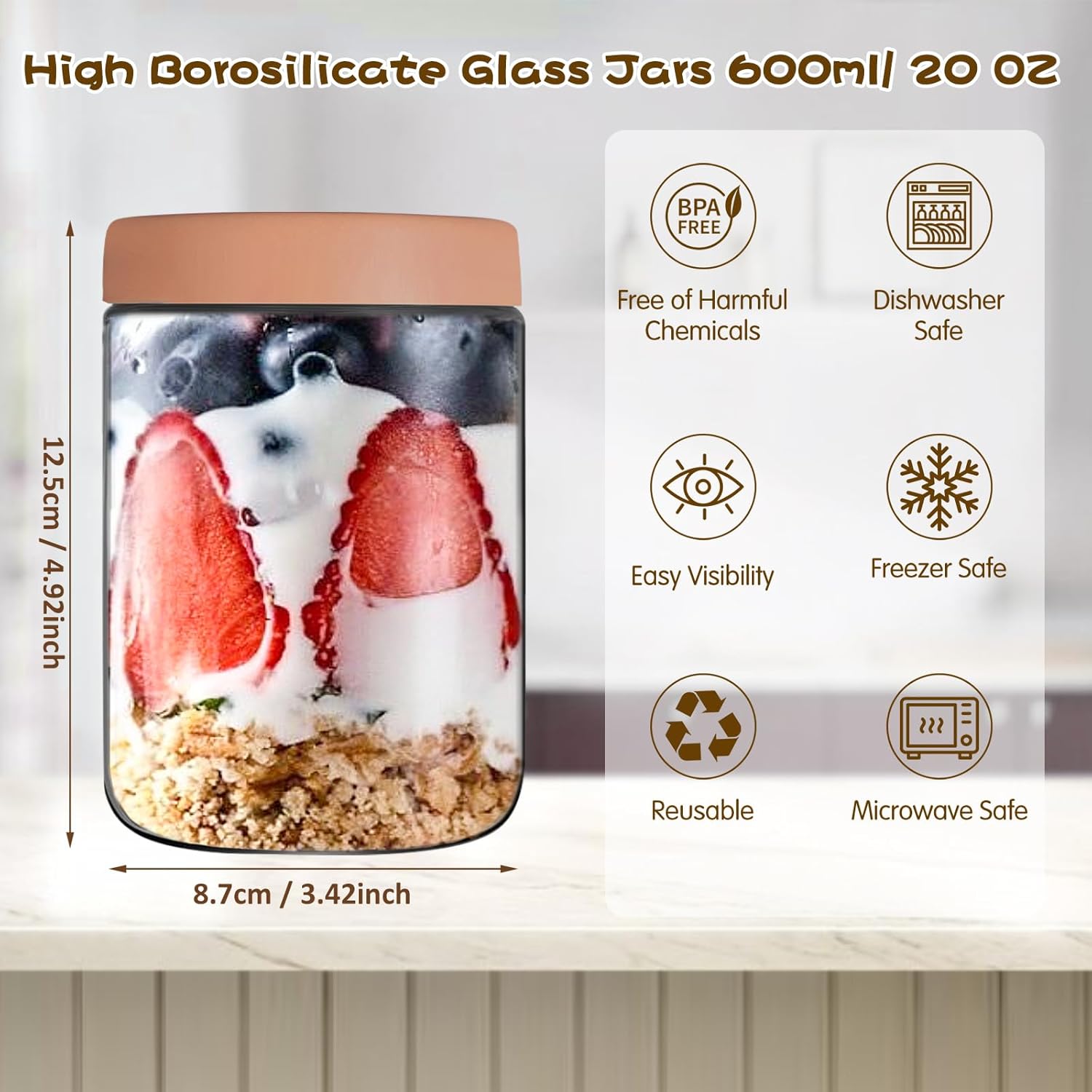 4 Stück 600-ml-Meal-Prep-Gläser, ideal für Meal-Prep und Overnight-Oats-Gläser. Praktische Meal-Prep-Boxen zum Aufbewahren, Marinieren und Zubereiten von Mahlzeiten. Mehrzweck-Einmachglas – Bild 2