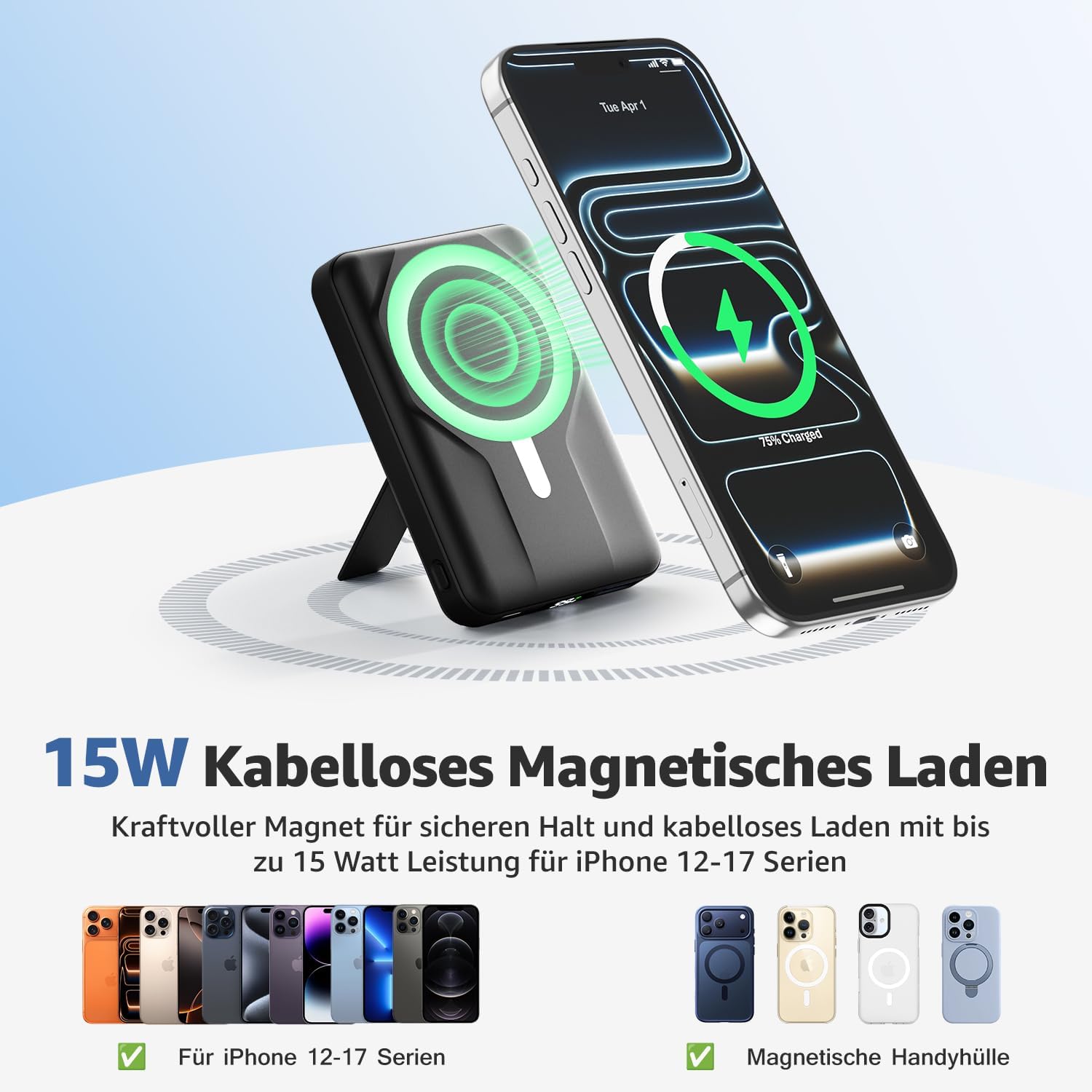 Azmuth Magsafe Powerbank 10000 mAh kabellos magnetisch für iPhone 17-12 | Kabellose Powerbank mit USB-C-Eingang und -Ausgang, 22,5 W USB-A, Klappständer und LED-Bildschirm für iPhone 17/16/15/14/13/12 – Schwarz – Bild 2