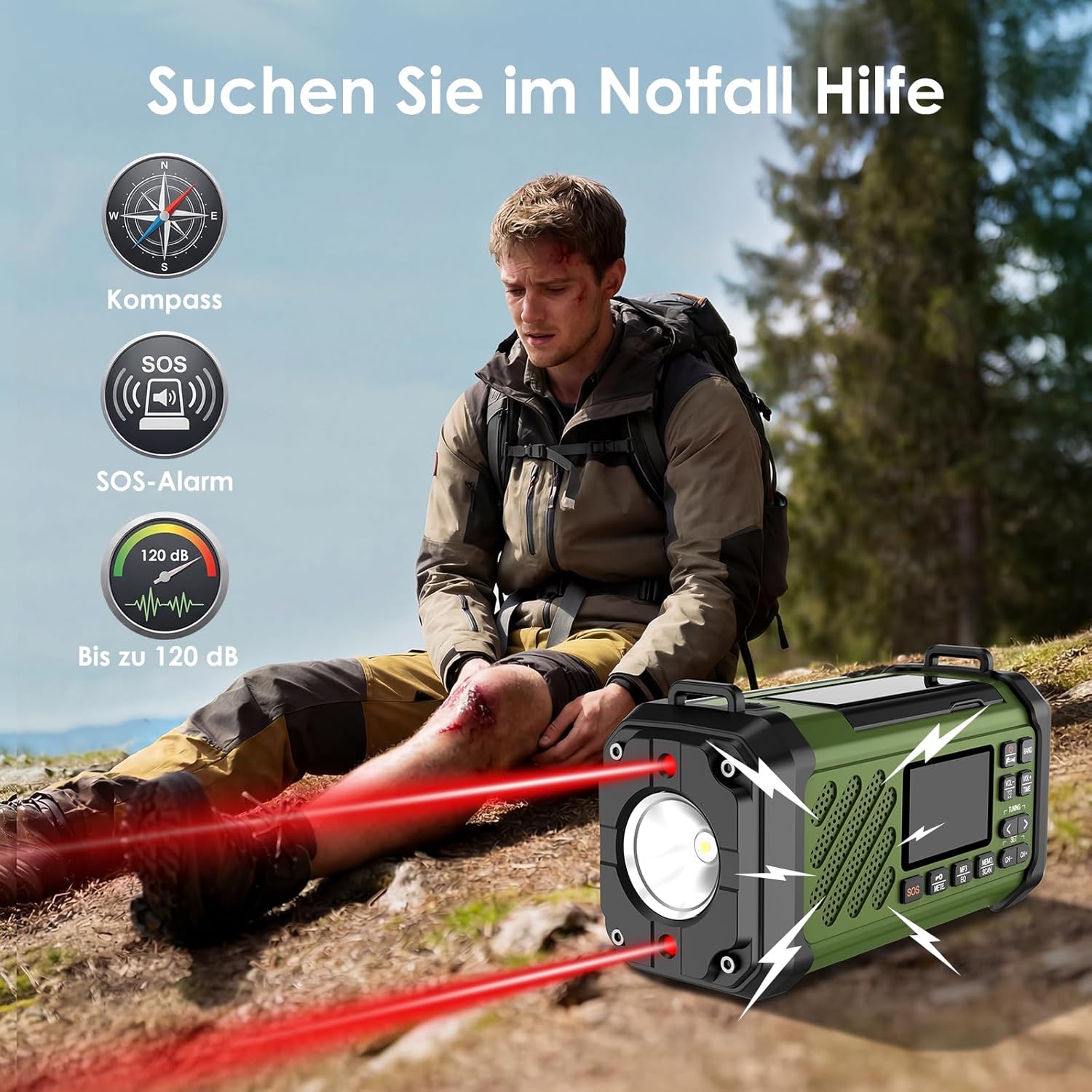 Vikeri Kurbelradio 12000 mAh, Notfallradio mit Kurbel und Solar mit AM/FM/SW, LED-Campinglicht, SOS-Alarm, Kompass, USB-C-Handyladung, tragbares Radio mit Tragegurt für den Notfall (Grün). – Bild 5