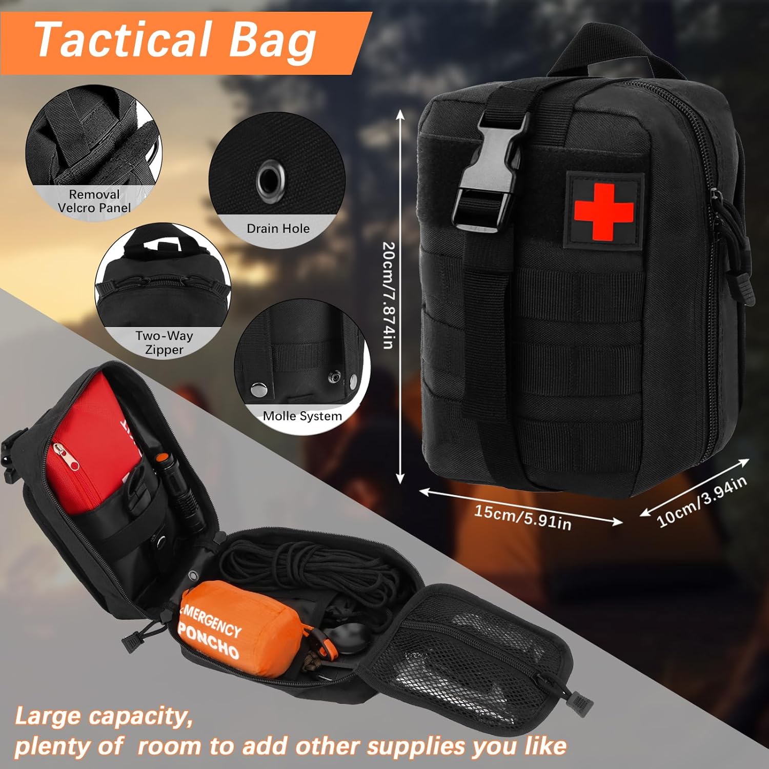 69-teiliges Outdoor-Notfall-Überlebensset, taktischer Taschenlampenkompass, Feuerstahl, Paracord, Multifunktionswerkzeuge und Regenponcho, Notfallausrüstung für Camping, Wandern und Outdoor-Abenteuer – Bild 5
