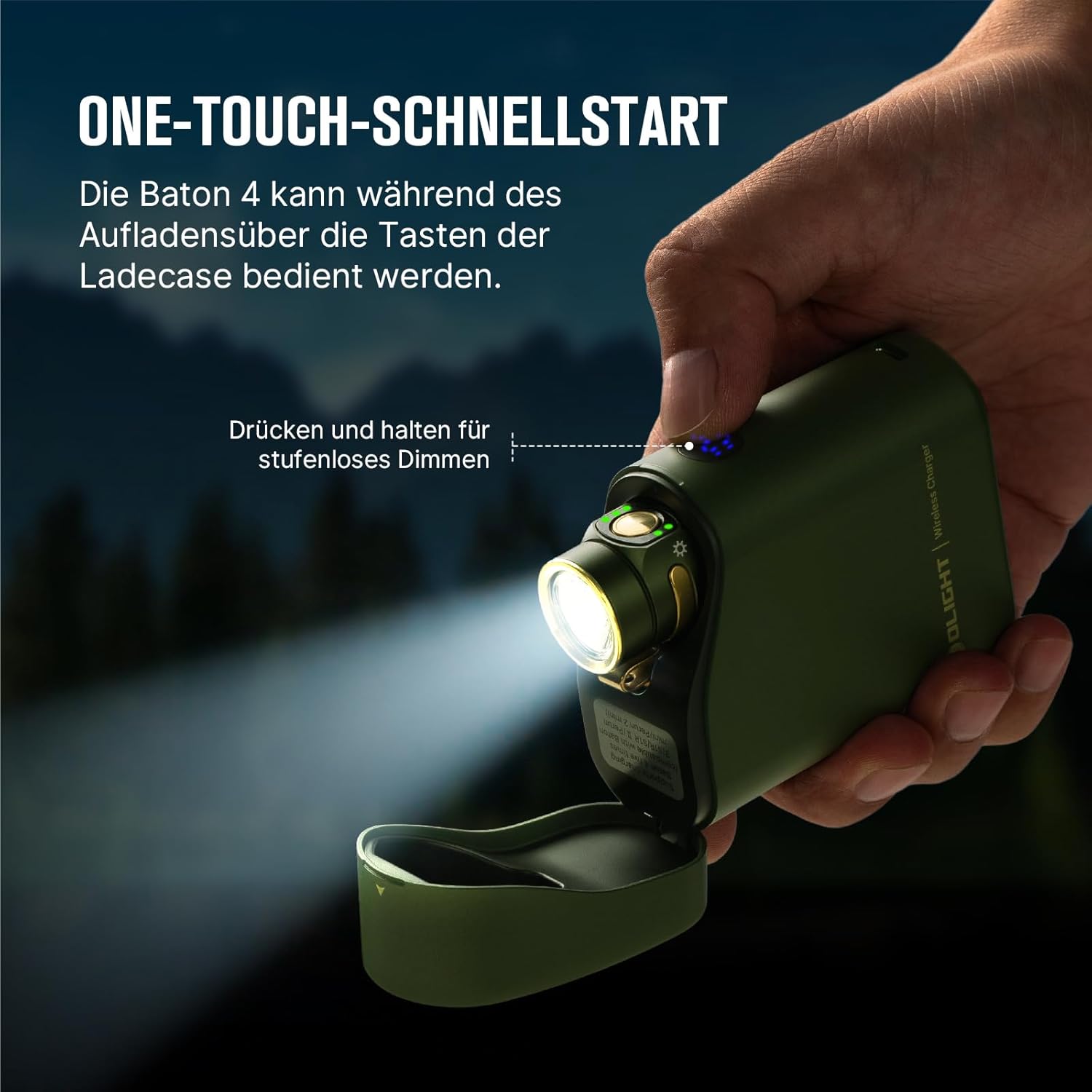 OLIGHT Baton 4 Kit Mini-LED-Taschenlampe wiederaufladbar mit dimmbarem Ladeetui, Handlampe bis zu 190 Tage Laufzeit, 1300 lm, 170 m Leuchtweite, superhelle kleine Taschenlampe für den täglichen Gebrauch, IPX8 OD grün – Bild 5