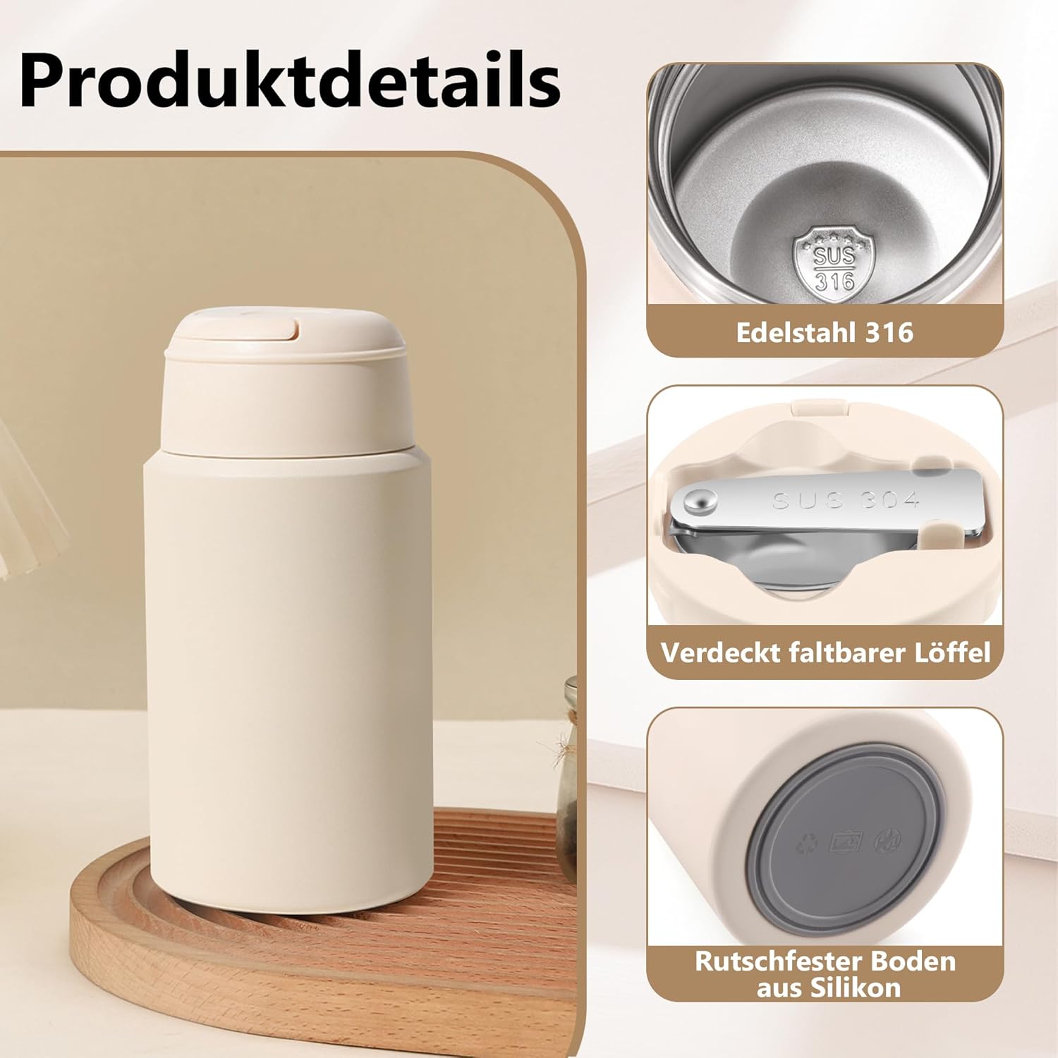 Thermo-Lebensmittelbehälter 550 ml, Edelstahl-Wärmebehälter Lebensmittel mit Löffel, Müslibecher to Go, Thermo-Lunchbox für Gefrierschrank, Spülmaschine, Erwachsene (weiß) – Bild 4