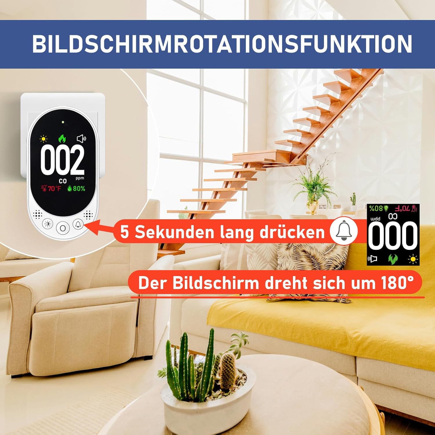 LSENLTY Kohlenmonoxidmelder, CO-Detektor mit HD-Bildschirm und Display, visueller und akustischer Alarm, 3-in-1-CO-Detektor (CO-Gasmessgerät, Temperatur und Luftfeuchtigkeit) für Zuhause und Reisen – Bild 5