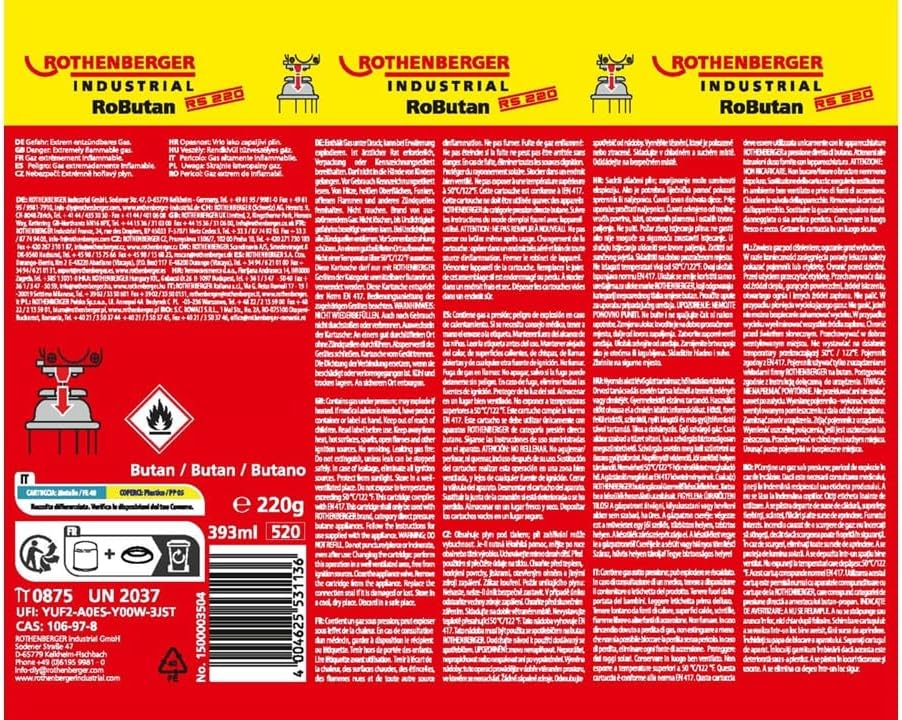ROTHENBERGER Industrie-Gaskartusche RoButan 220 g / 393 ml, Bajonettverschluss, MSF-1A, Ventilkartusche Gas Outdoor Camping Brenner Unkrautvernichter, 4 Stück, 1500003504-4 – Bild 6