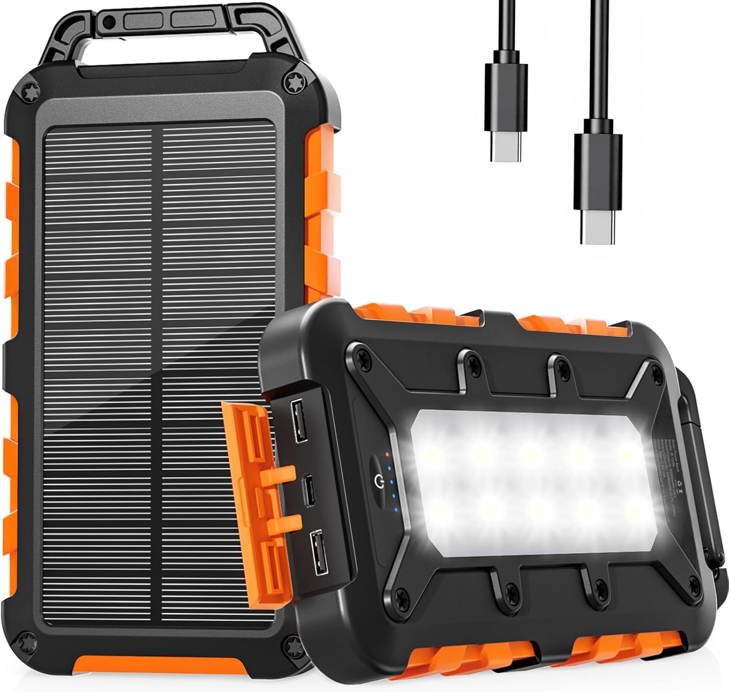 PD22.5W Solar-Powerbank, 10.000 mAh, tragbares Solar-Ladegerät, USB-C, externer Akku, für den Außenbereich, wasserdicht, mit LED-Licht und 3 Ausgängen für Smartphones, Tablets, Camping, Orange
