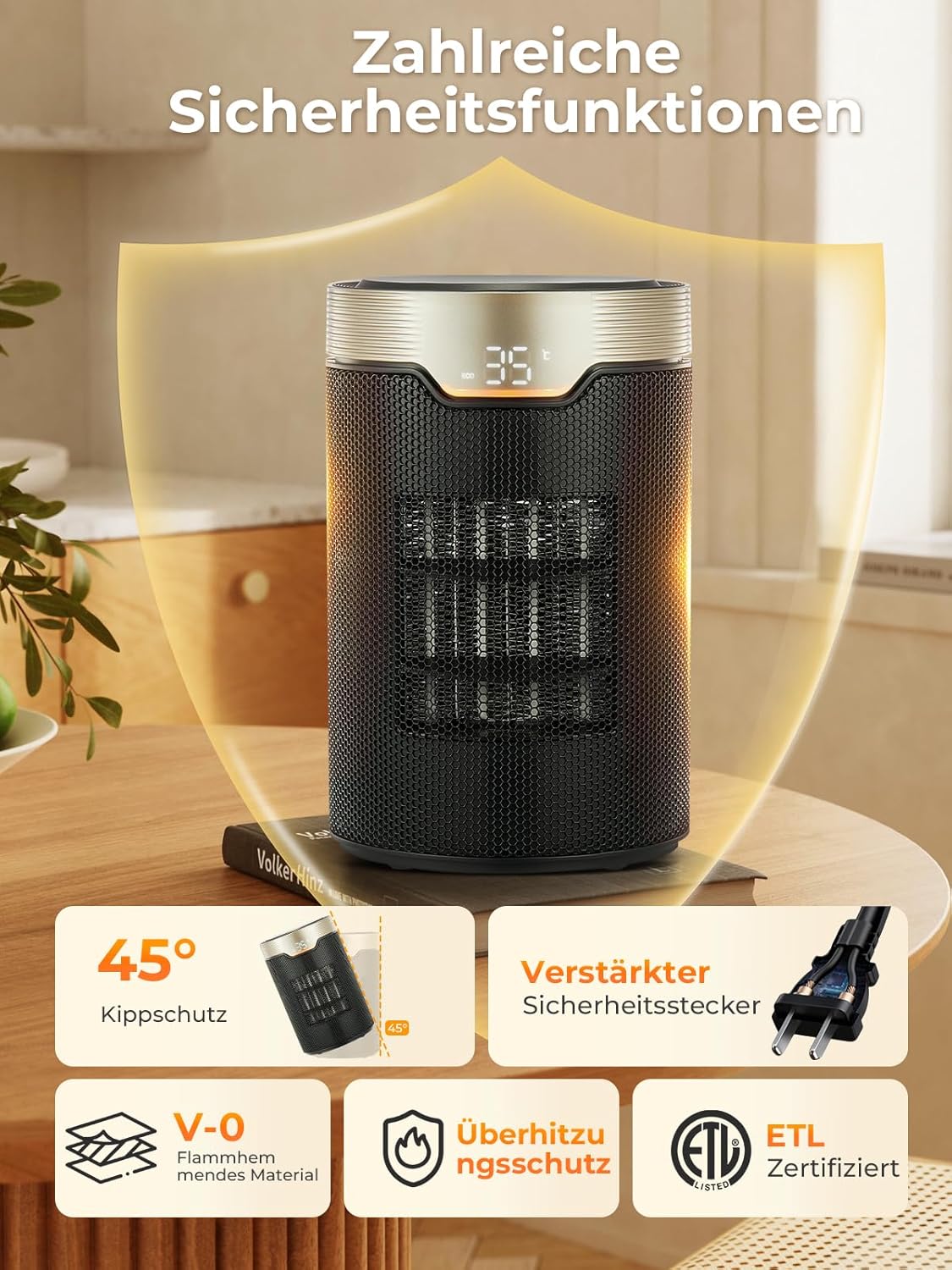 Heizlüfter Energiesparend, 24-Stunden-Timer 32 dB Leise 1500 W PTC-Keramik-Elektro-Heizlüfter mit Thermostat, Überhitzungs- & Kippschutz, Elektroheizung für Räume, Schlafzimmer, Eco-Modus, Glod – Bild 3