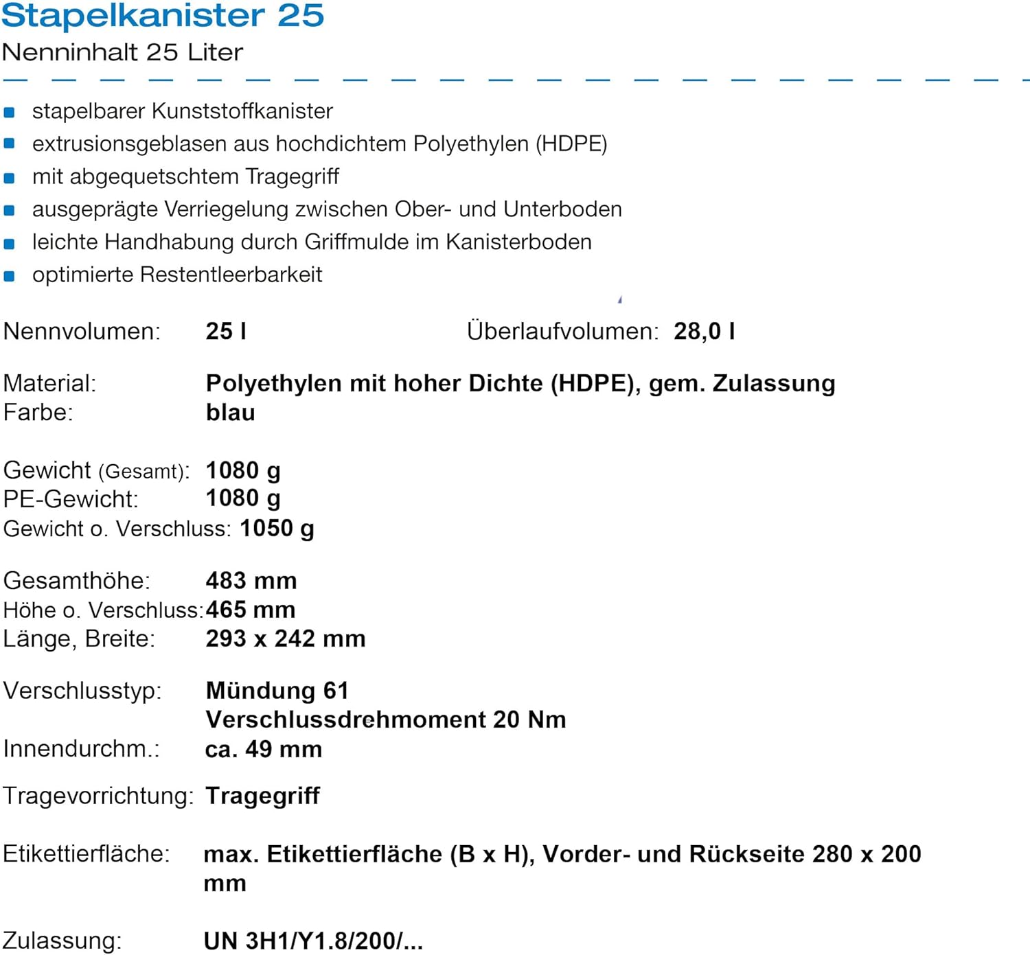 plasteo 25 Liter Trinkwasserkanister mit 1 Hahn und Schraubdeckel (DIN 61), blau – Bild 5