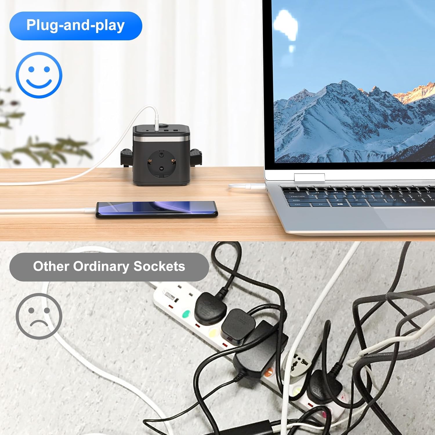 HITRENDS Steckdosenwürfel mit USB, USB-C-Steckdosenleiste, USB-C-Ladegerät, 3-Wege-Steckdose mit Schalter, tragbares PD-Ladegerät für MacBook, iPad, iPhone 16/15, Galaxy S25 Ultra, Zuhause, Büro, Reisen – Bild 5