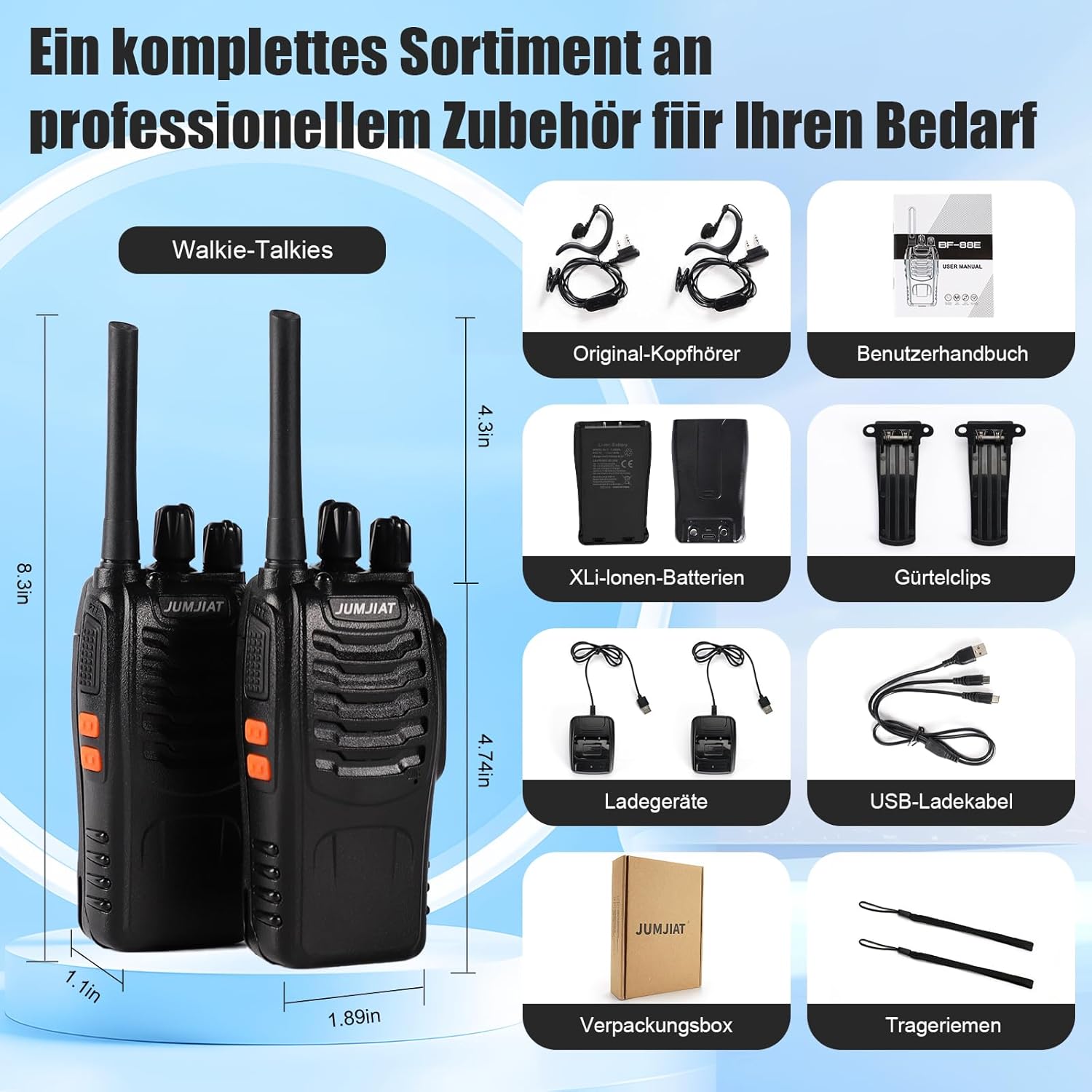Walkie Talkie, 16 Kanäle, große Reichweite, integrierte LED-Taschenlampe, USB-Ladestation mit Typ-C-Kabel und Kopfhörer (2 Stück) – Bild 4