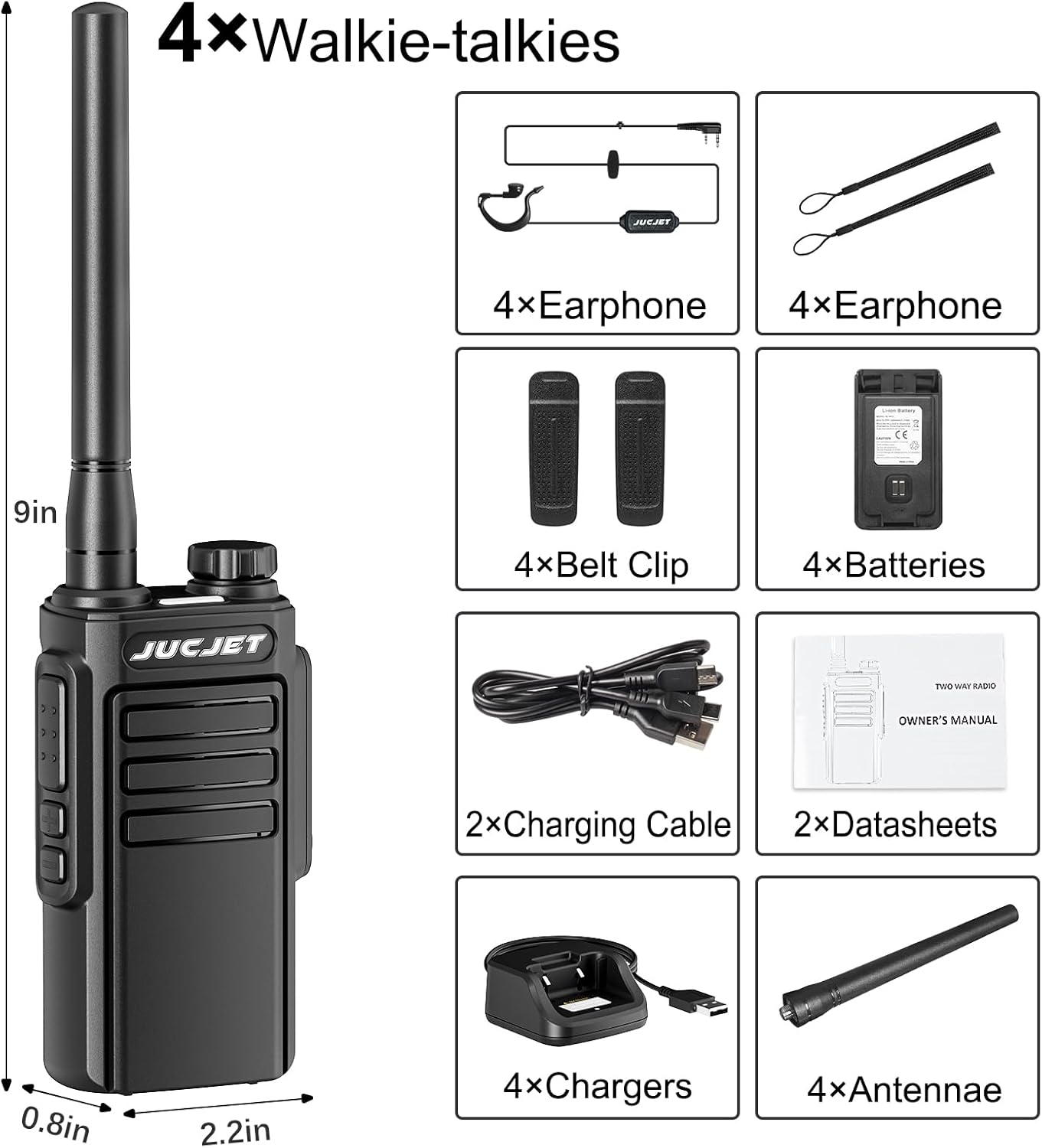 EP31 Walkie Talkie (4 Stück), IP54 wasserdichte Walkie Talkies, PMR446 Long Range Walkie Talkie, 2 in 1 TYPE C Ladekabel, mit USB Ladestation, Original Kopfhörer.(Schwarz) – Bild 6