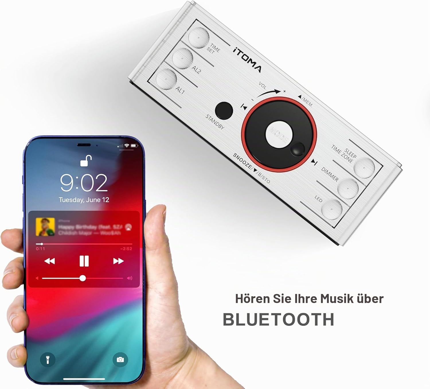iTOMA Radiowecker mit kabellosem Bluetooth, digitales UKW-Radio, Dual-Alarm mit Schlummerfunktion, 4-Stufen-Dimmer, Handy-USB-Ladefunktion, Nachtlicht, Backup mit Batterie bei Stromausfall (CKS708BT) – Bild 6