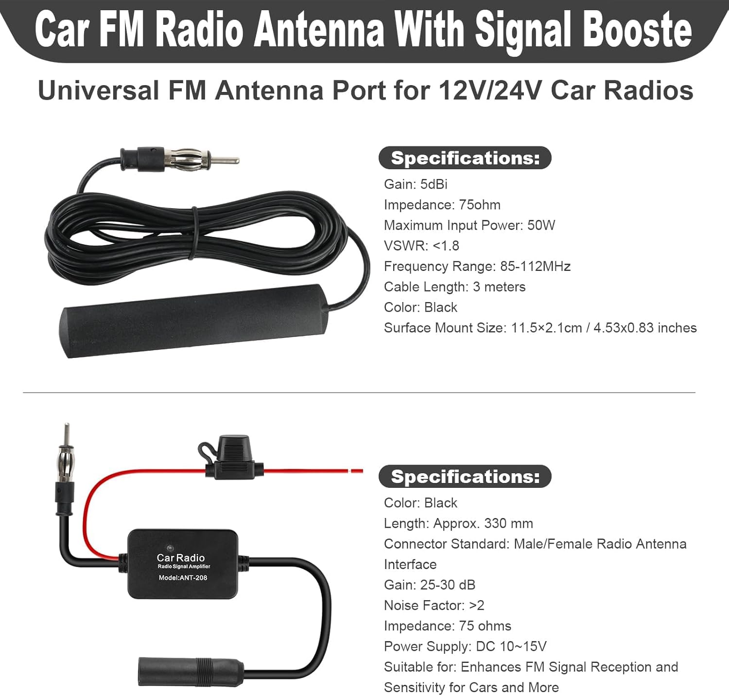Antennenverstärker Autoradio FM AM 12V Universal, Autoradio Antennenverstärker, Signalverstärker Auto mit DIN-Adapter, 25 dB High Gain, Scheibenantenne für Auto, LKW, SUV, Boot, 3 Meter Kabel – Bild 2