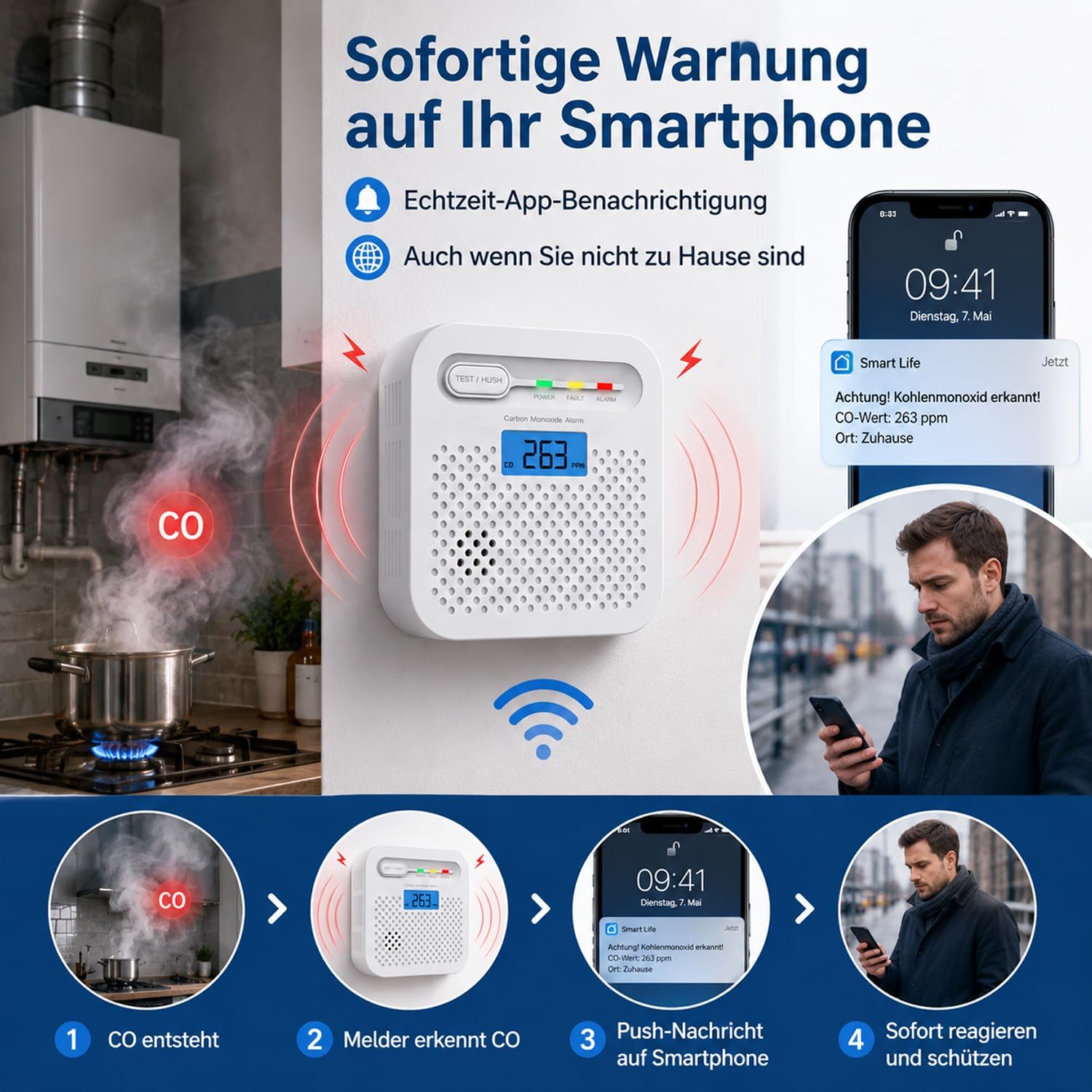 WLAN Kohlenmonoxid-Melder mit App, CO-Melder ohne Hub, Echtzeit-Benachrichtigung auf dem Handy, 10 Jahre Batterie, EN 50291 geprüft, LCD-Display, 85 dB Alarm, Kohlenmonoxid-Warnalarm für Zuhause, 1 Stück – Bild 2