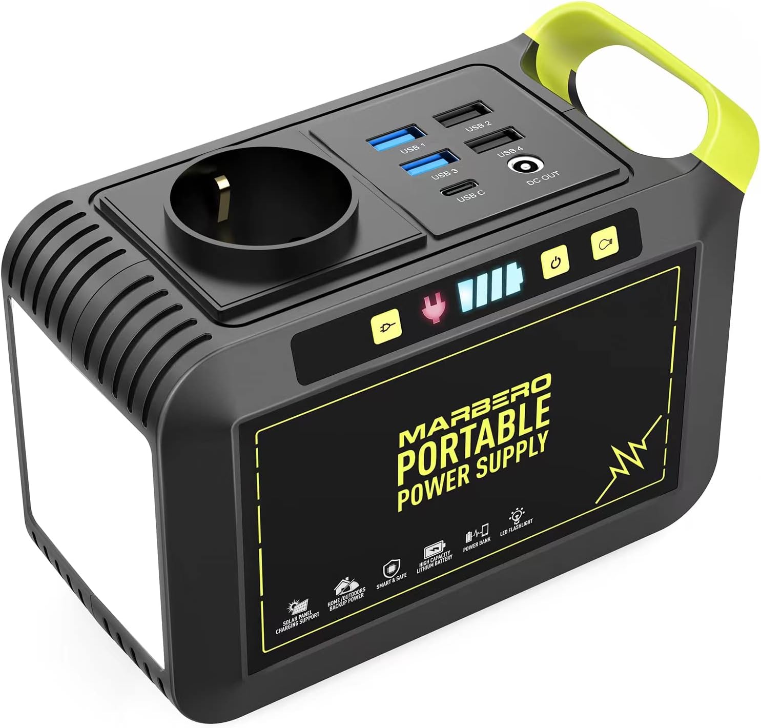 MARBERO Portable Power Station 24000 mAh, tragbarer Generator 88,8 Wh, externer Akku mit 80 W 230 V Steckdose, USB-C & LED-Lampe, Notstromversorgung für Camping, Haushalt, Reisen, Garten & Notfälle