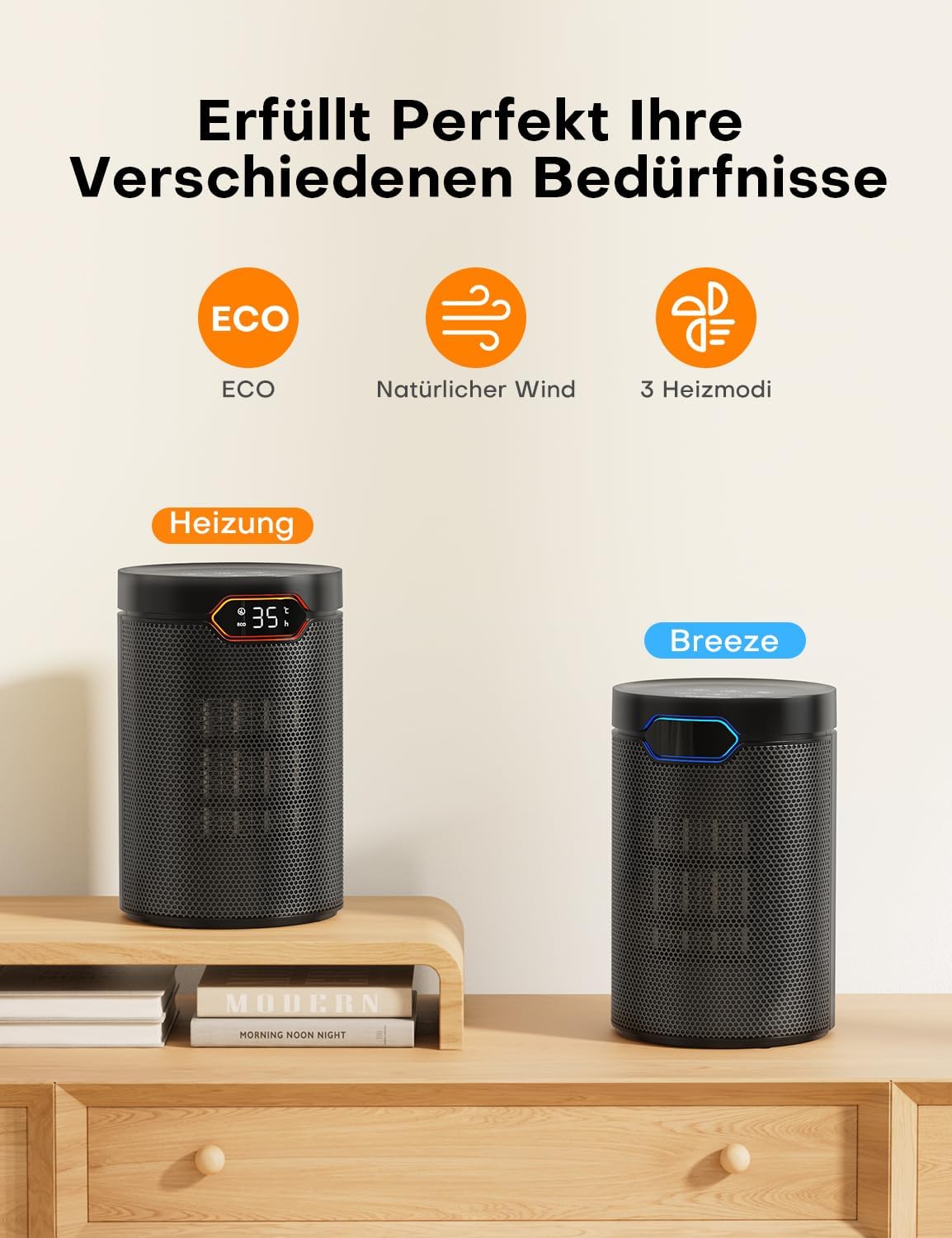 QEXREED Heizlüfter, 1500 W, PTC-Heizlüfter Energiesparend mit Eco-Modus, 4 Heizmodi, Breeze-Modus, Thermostat, 24-Stunden-Timer, Fernbedienung, Überhitzung & Kippschutz, tragbar & leise, für Zuhause, Büro – Bild 7