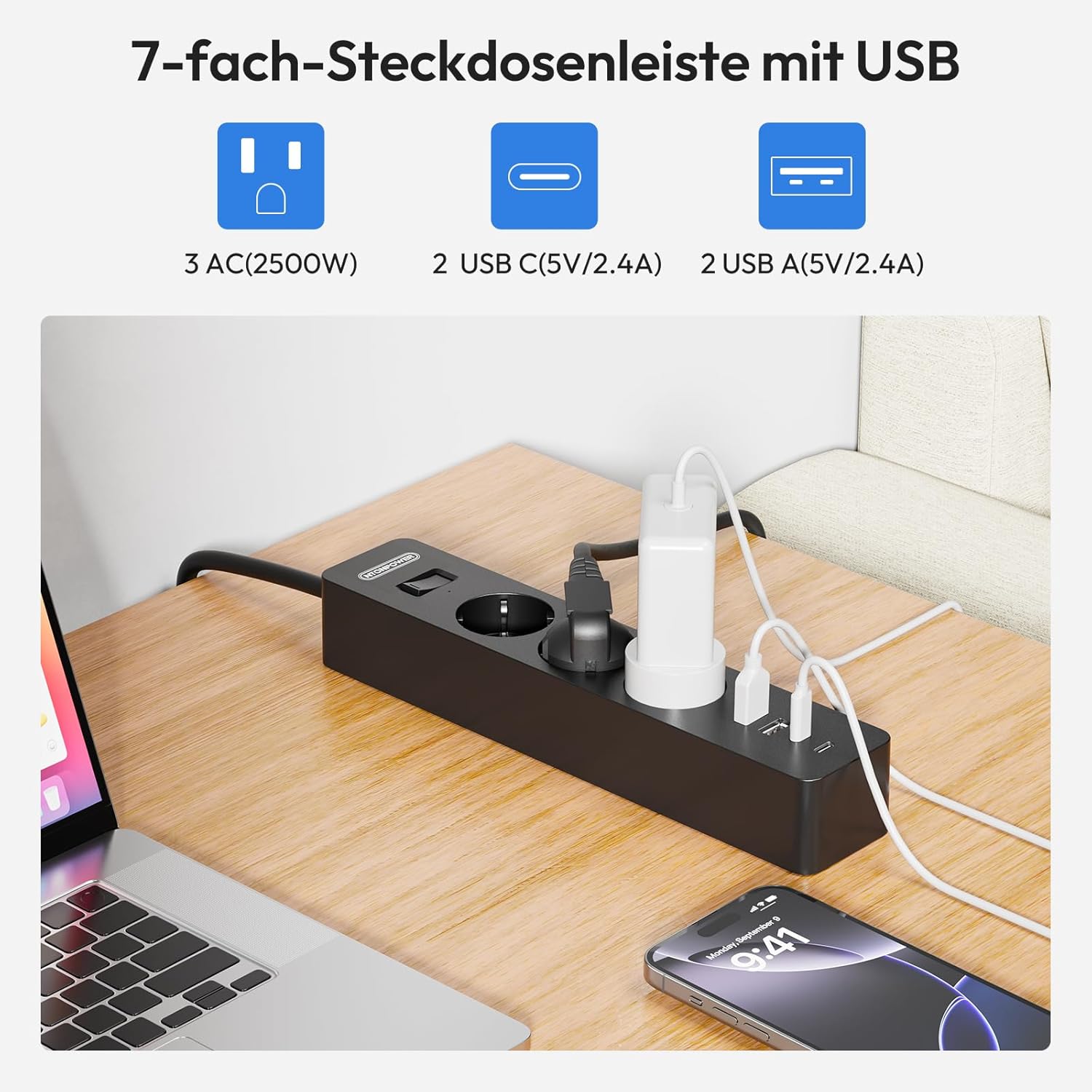 Ntonpower 3m Steckdosenleiste mit USB, Mehrfachsteckdose, Überspannungsschutz, Wandmontage - Kleber verwenden, langes Verlängerungskabel, Kindersicherung – Bild 4