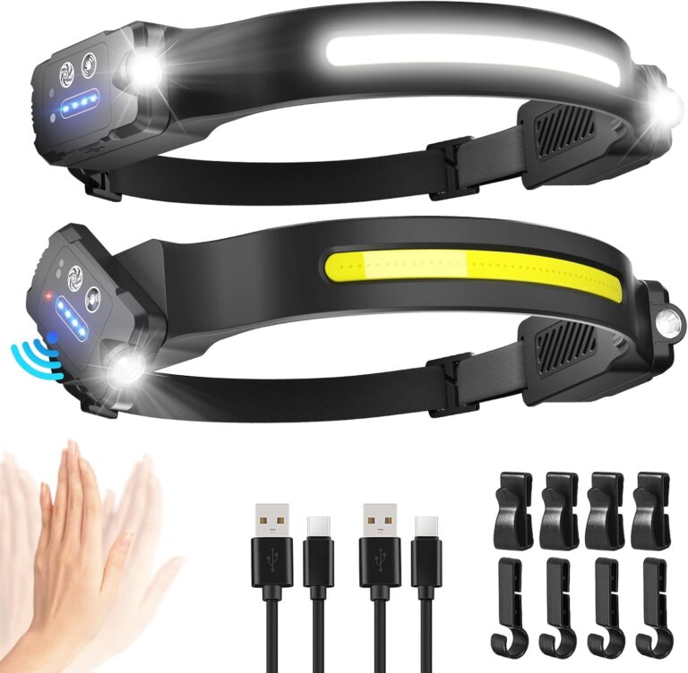 Wiederaufladbare LED-Stirnlampe, 2er-Pack, 300° Weitwinkelstrahl | Einstellbarer Scheinwerfer, 9 Modi mit Sensor, 2400 mAh, 26 Stunden Laufzeit, IPX6 Wasserdicht, Leicht, Kopflampe für Joggen/Camping