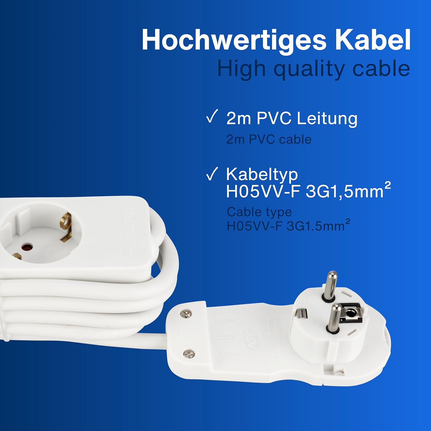 REV Steckdosenleiste – Mehrfachsteckdose 3-fach mit Flachstecker – ideal für den Einsatz hinter Möbeln, Kabel 2 m, max. 3680 W, Weiß – Bild 5