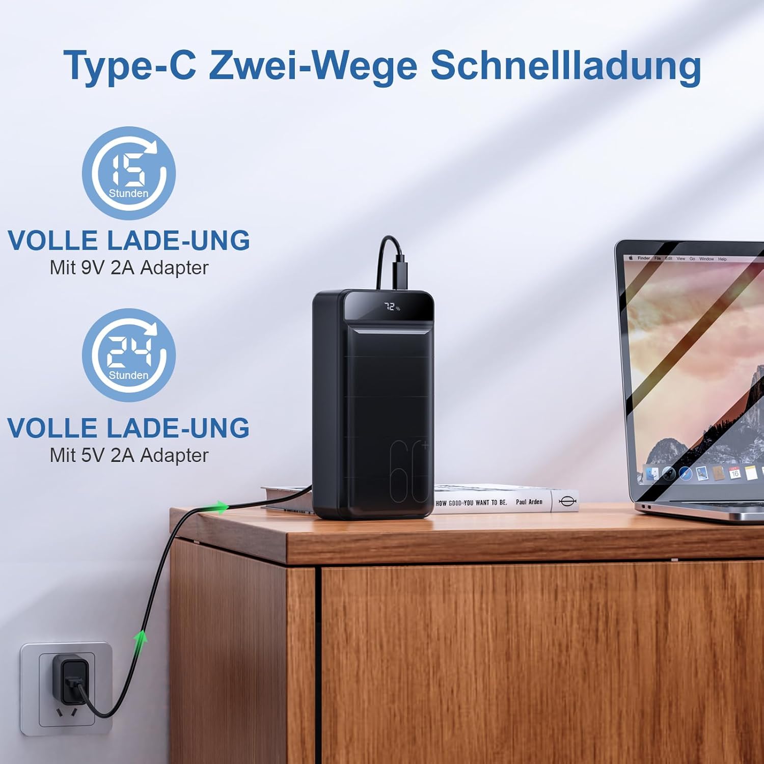60000 mAh Powerbank 22,5 W Powerbank PD USB-C Schnellladefunktion Externer Akku mit 4 Ausgängen und 3 Eingängen, kompatibel mit Smartphone, Tablets, Tablet usw. Schwarz – Bild 5
