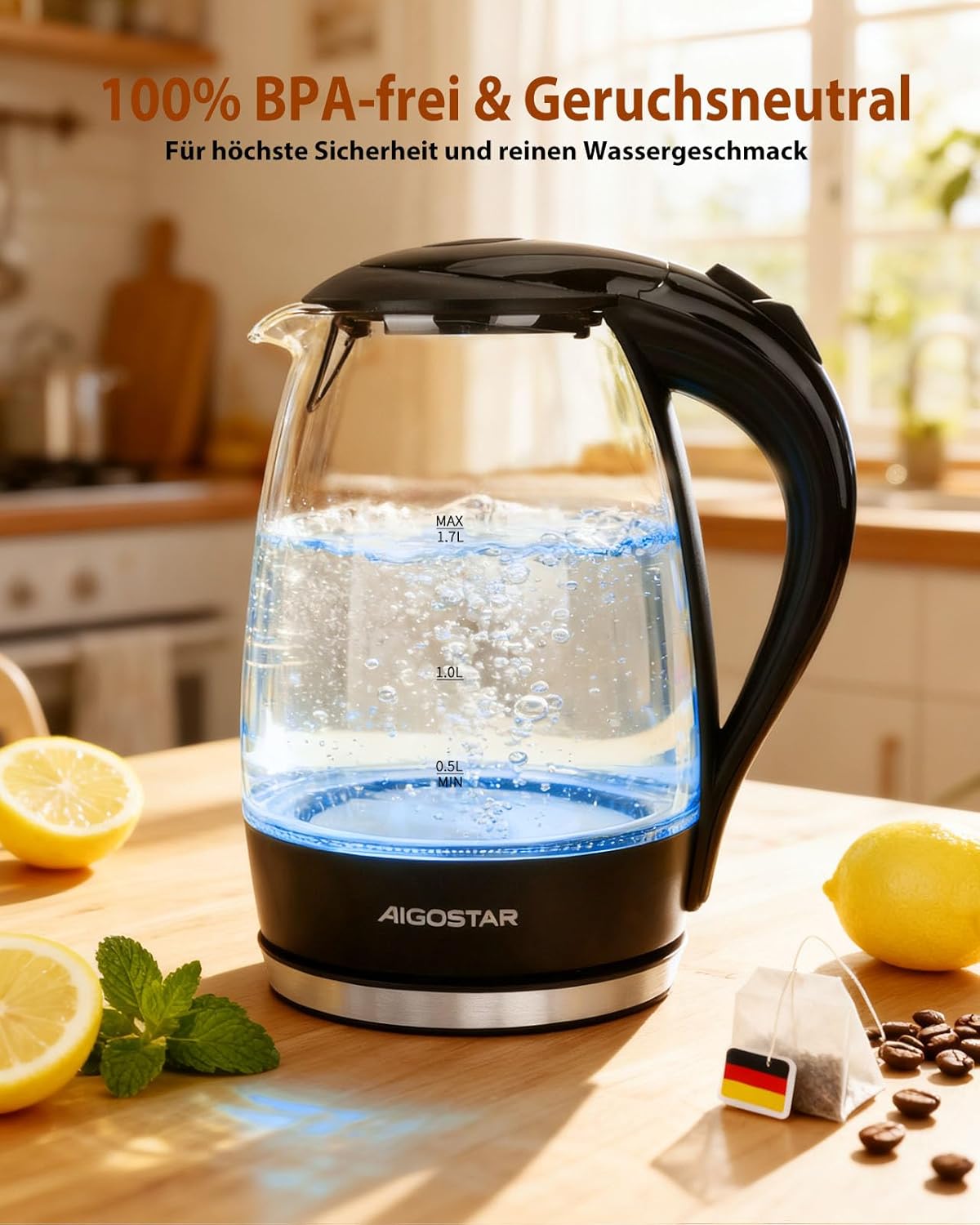 Aigostar Eve 30GON Glaswasserkocher mit LED-Beleuchtung, 2200 Watt, 1,7 Liter, Koch-Trockenschutz, BPA-frei, Weiß -, Adam – Bild 3