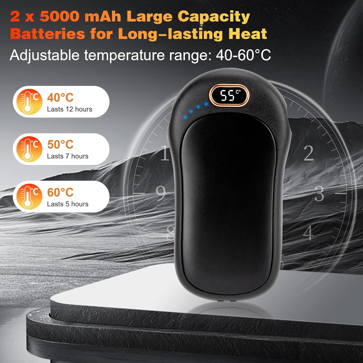 Wiederaufladbarer Handwärmer, 10000 mAh, 2 Stück, elektrische Handwärmer mit LED-Anzeige, beidseitig beheizter Taschenwärmer, 40–60 °C verstellbarer Handwärmer, magnetischer wiederverwendbarer Handwärmer, Geschenk – Bild 5