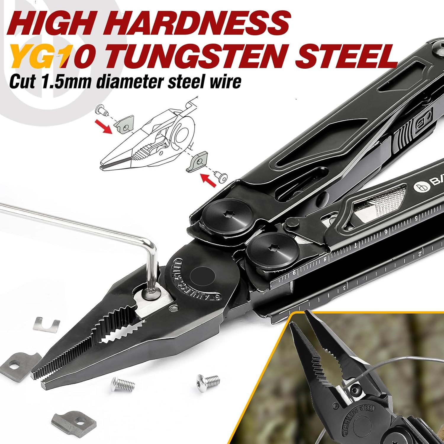 BIBURY 16-in-1-Multitool, faltbare Zange mit verbesserter Schere und Schraubendreher, mit Nylontasche, ideal für Outdoor, Wandern, Heimwerken, Reparaturen, Geschenk für Väter und Männer – Bild 3
