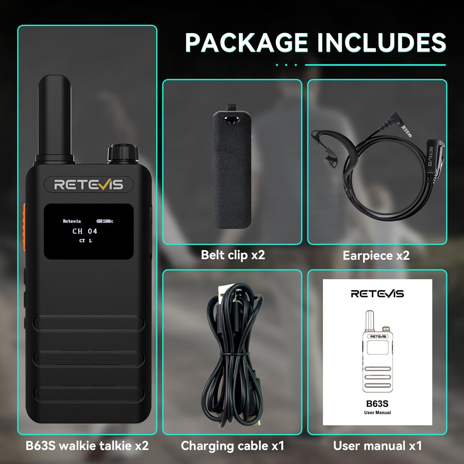 Retevis B63S Walkie Talkie, PMR-Radio, 15 mm ultradünn, RT622P 3.0, VOX, LCD-Display, 103 g leicht, USB C, 1620 mAh, professionelles Funkset für Familie (2 Stück, schwarz) – Bild 7