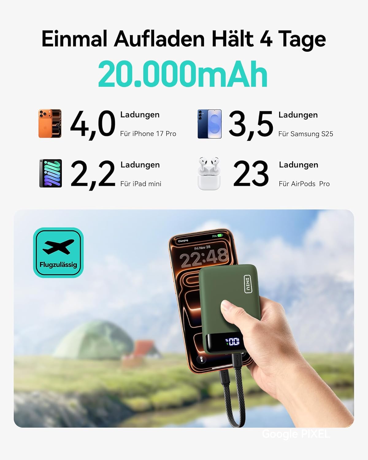 INIU Ultra kleine 20000 mAh Powerbank, 22,5 W Schnelllade-Powerbank mit abnehmbarem USB-C-Kabel, flugtauglich & reiseunverzichtbar, externe Handy-Akkus für Camping, Outdoor-Aktivitäten, Festival, Grün – Bild 3