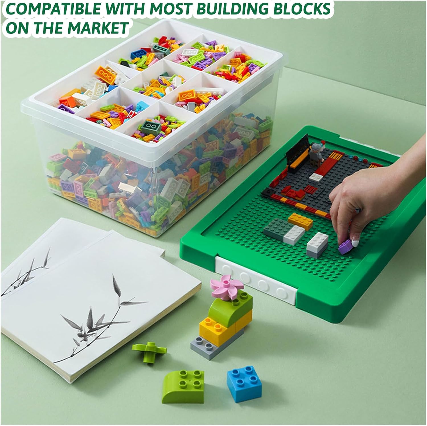 Greentainer Aufbewahrungsbox Spielzeug mit Deckel & herausnehmbarem Tablett & Bauplatte, 3er Set, Spielzeugkiste aus PP, Aufbewahrungskorb Kinder, Spielzeugkiste fürs Kinderzimmer, Aufbewahrungsbehälter für Bauklötze – Bild 4