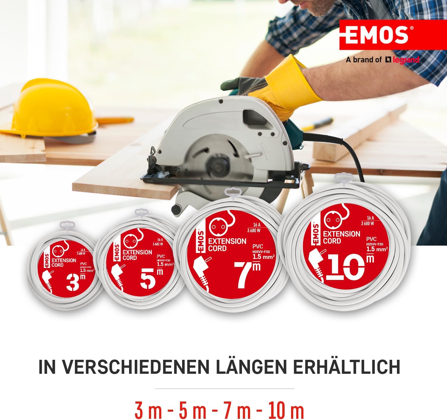 EMOS – IP20-Verlängerungskabel 7 m – 1 Schuko-Steckdose – 250 V, 16 A, 3680 W – hochwertige PVC-Isolierung – H05VV-F3G 1,5 mm2 – erhöhter Berührungsschutz – für den Innenbereich – weiß – Bild 4