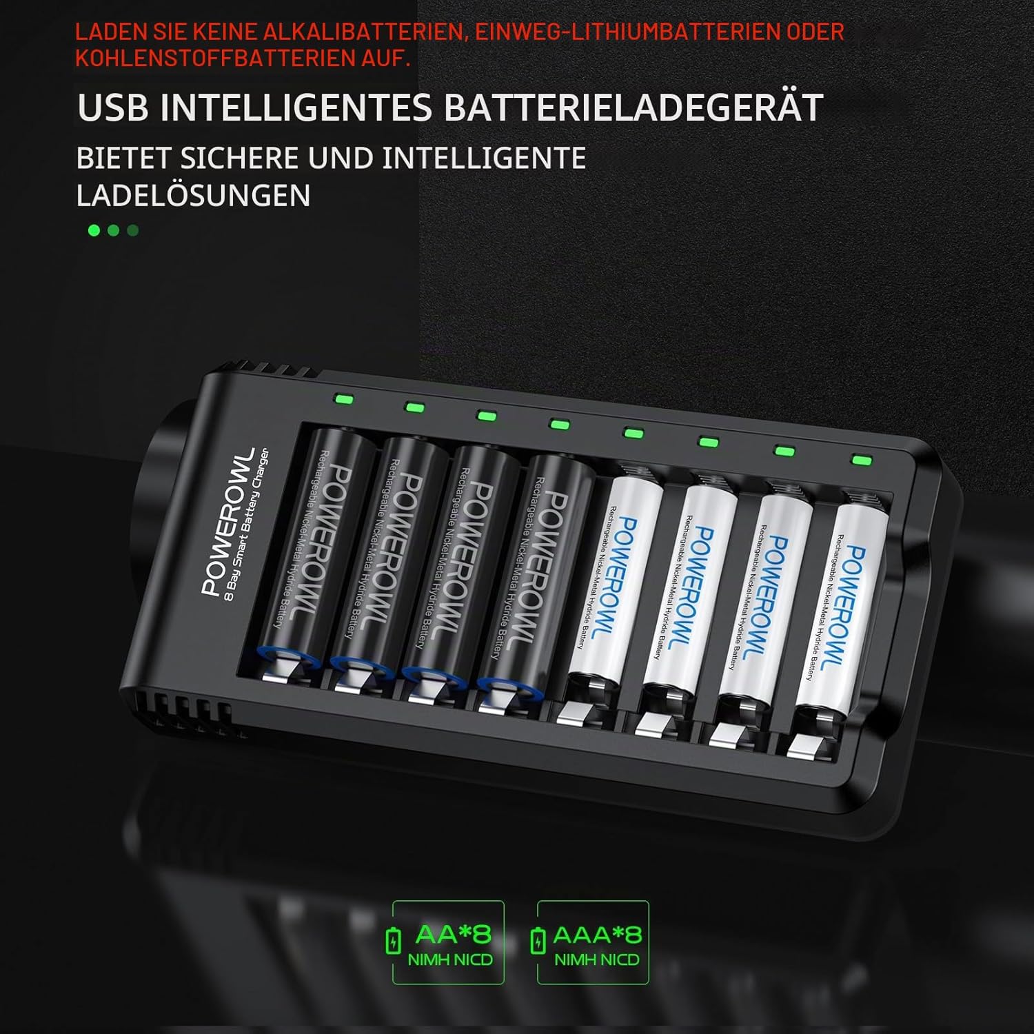 POWEROWL Akku-Ladegerät für wiederaufladbare NIMH AA AAA-Akkus, Ladegerät mit LED-Anzeige (unabhängiger Steckplatz) – Bild 2