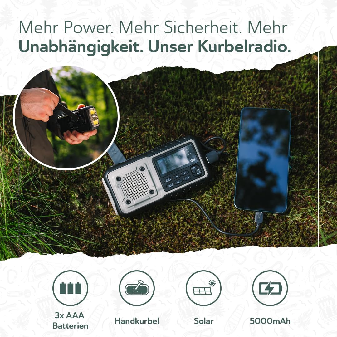 Acta Berg Kurbelradio DAB+/FM, Notfallradio, 5000 mAh Akku (Grau) | Mit USB, Batteriebetrieb möglich, Notfallausrüstung für Stromausfall, integrierte Taschenlampe, Ladegerät für Mobiltelefon, Wecker – Bild 4