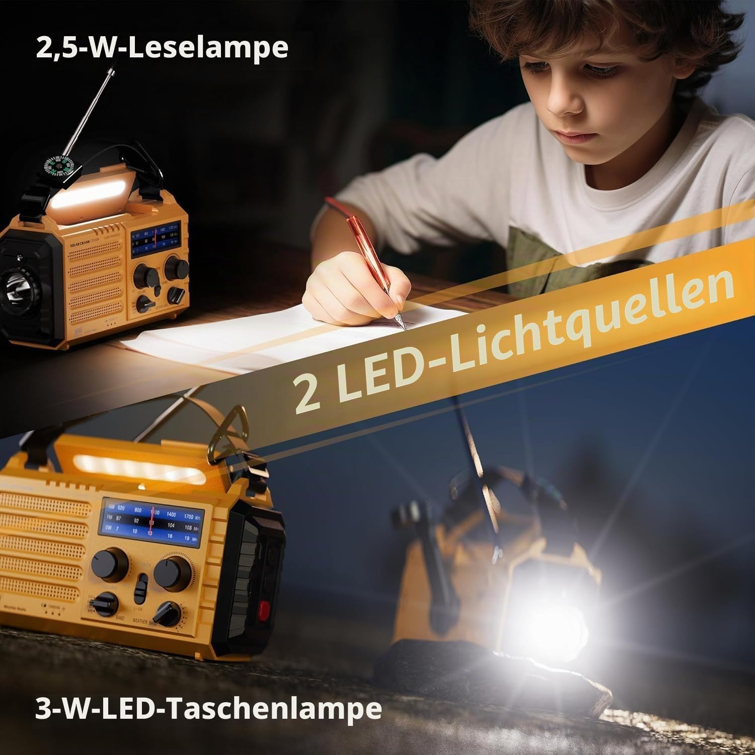 Tragbares Solarradio, Notfallradio mit Kurbel, Dynamo-Wetter-AM/FM/SW-Radio, wiederaufladbare 5000-mAh-Powerbank, USB-Telefonladegerät, LED-Taschenlampe und Leselampe, SOS-Alarm, Kompass für Camping im Freien – Bild 4