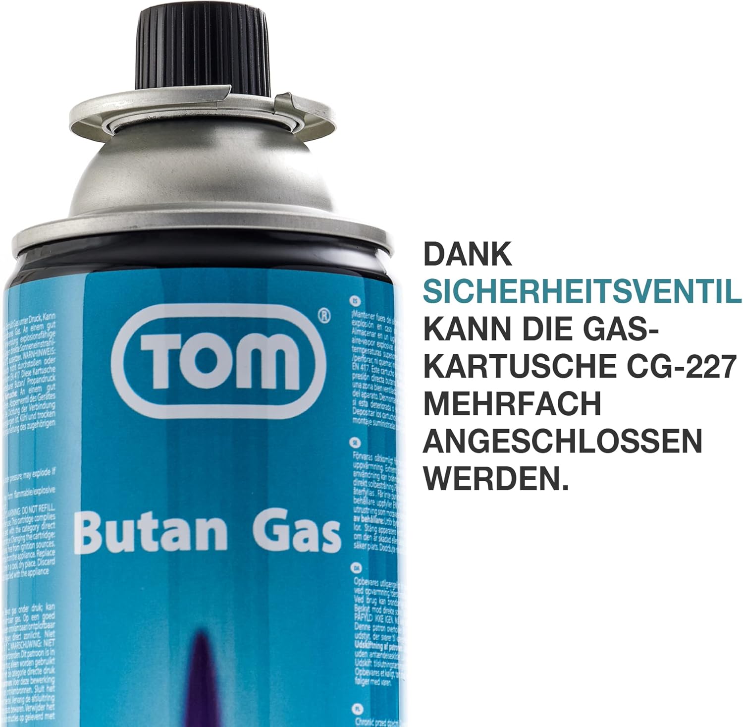 TOM 8 x 12 x oder 28 x Butangaskartuschen 227 mit MSF-1A Bajonettventil – Die Butangaskartuschen sind ideal für Campingkocher, Gaslampe usw. oder für Unkrautbrenner, Flächenbrenner – Bild 2