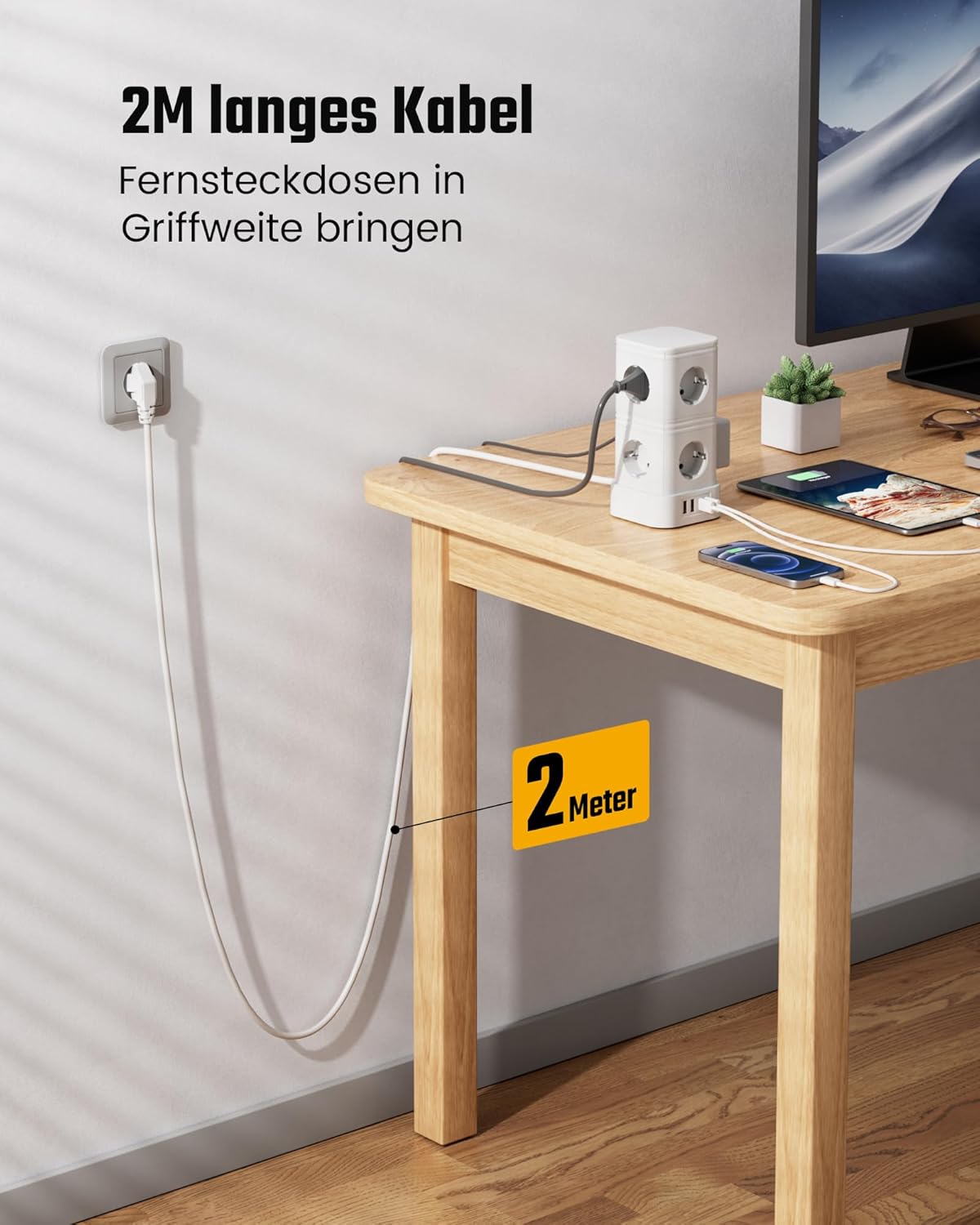 Mehrfachsteckdose Überspannungsschutz, 8-fach Mehrfachsteckdose mit PD 20W USB C, Steckdosenleiste mit Schalter, Steckdosenwürfel mit Verlängerungskabel 2m, 16A/3840W, Weiß – Bild 6