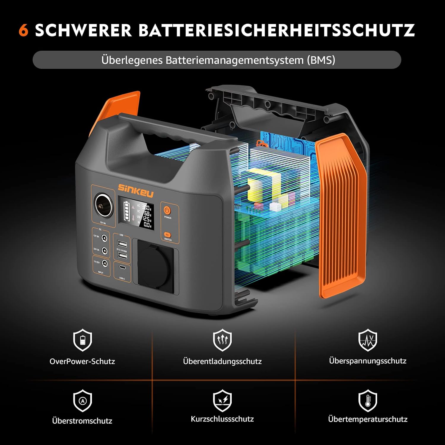 SinKeu Tragbares Kraftwerk 296 WH, Notfall-Solargenerator mit 230 V 300 W reiner Sinuswelle AC-Buchse, 12 V DC, USB, Typ C, LED-Licht, Stromspeicher, für Camping, unterwegs, Stromausfälle – Bild 7