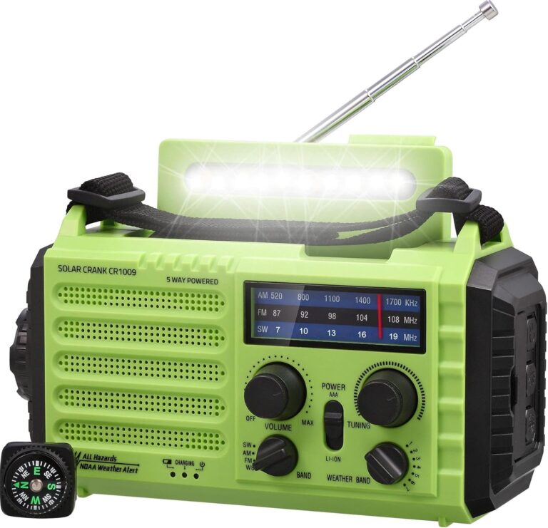 AM/FM/SW Baustellenradio, Kurbelradio, tragbares 5-Wege-Wetter-Solarradio, Dynamo-Handkurbel, Powerbank, LED-Campinglicht, SOS-Alarm, Kompass, USB-Anschluss zum Aufladen des Mobiltelefons im Notfall