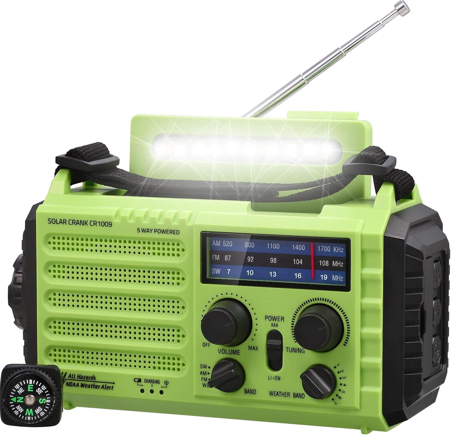 AM/FM/SW Baustellenradio, Kurbelradio, tragbares 5-Wege-Wetter-Solarradio, Dynamo-Handkurbel, Powerbank, LED-Campinglicht, SOS-Alarm, Kompass, USB-Anschluss zum Aufladen des Mobiltelefons im Notfall
