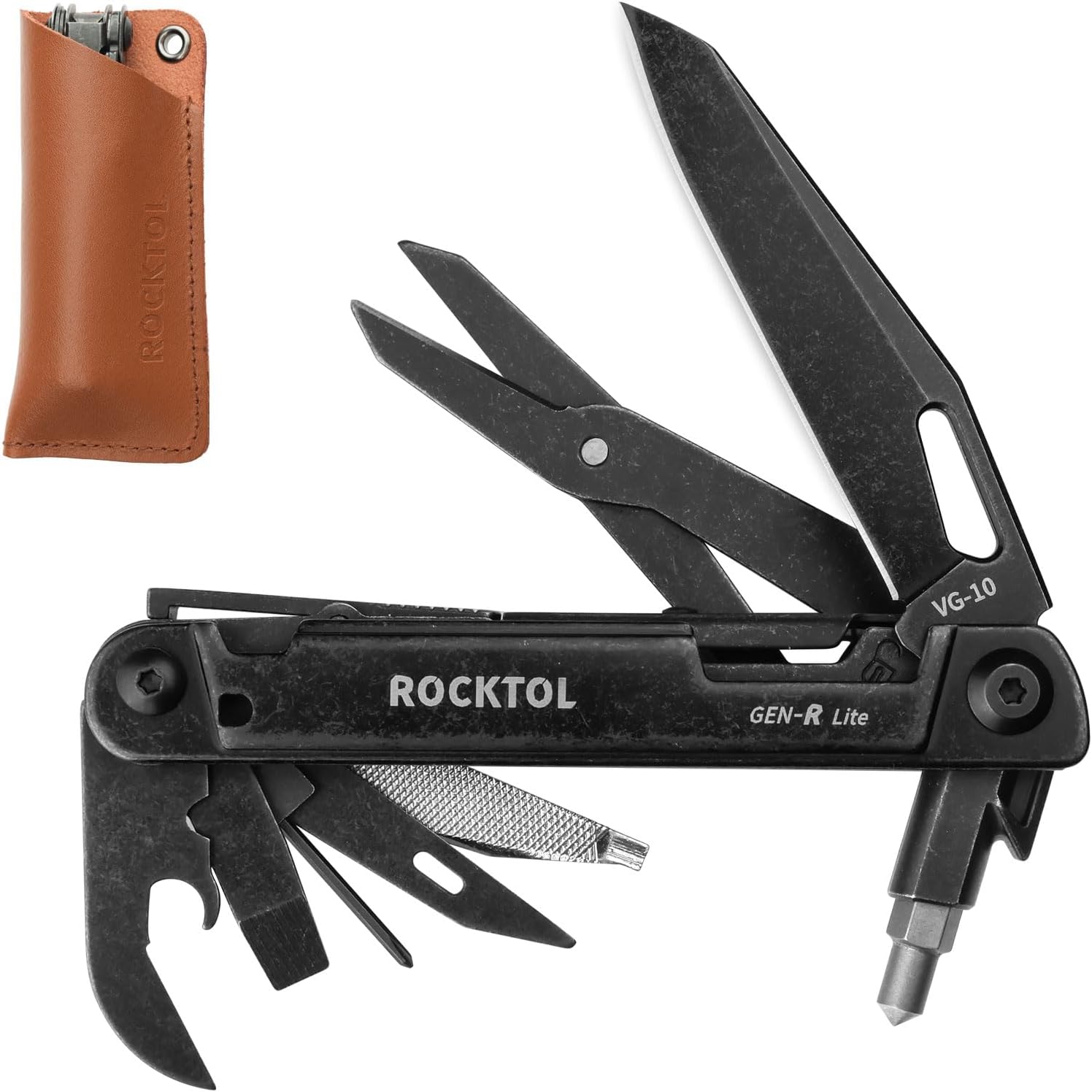 ROCKTOL Multitool Gen-R Lite, EDC-Taschenmesser VG10-Klinge, kompaktes 15-in-1-Multitool mit Schraubendreher, großer Schere, Glasbrecher, Lederscheide, leicht für Wandern, Camping