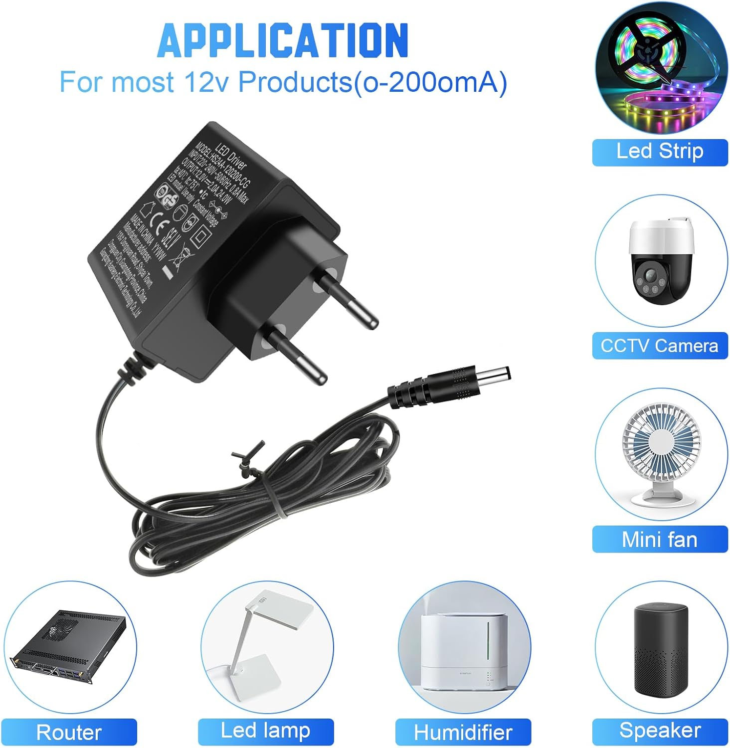 12-V-Netzteil 2 A, AC-Adapter-Netzteileingang 200–240 V, 24 W 12-V-Netzteil für LED-Streifen, Transformator, IP-Kamera, externe Festplatte – Bild 2
