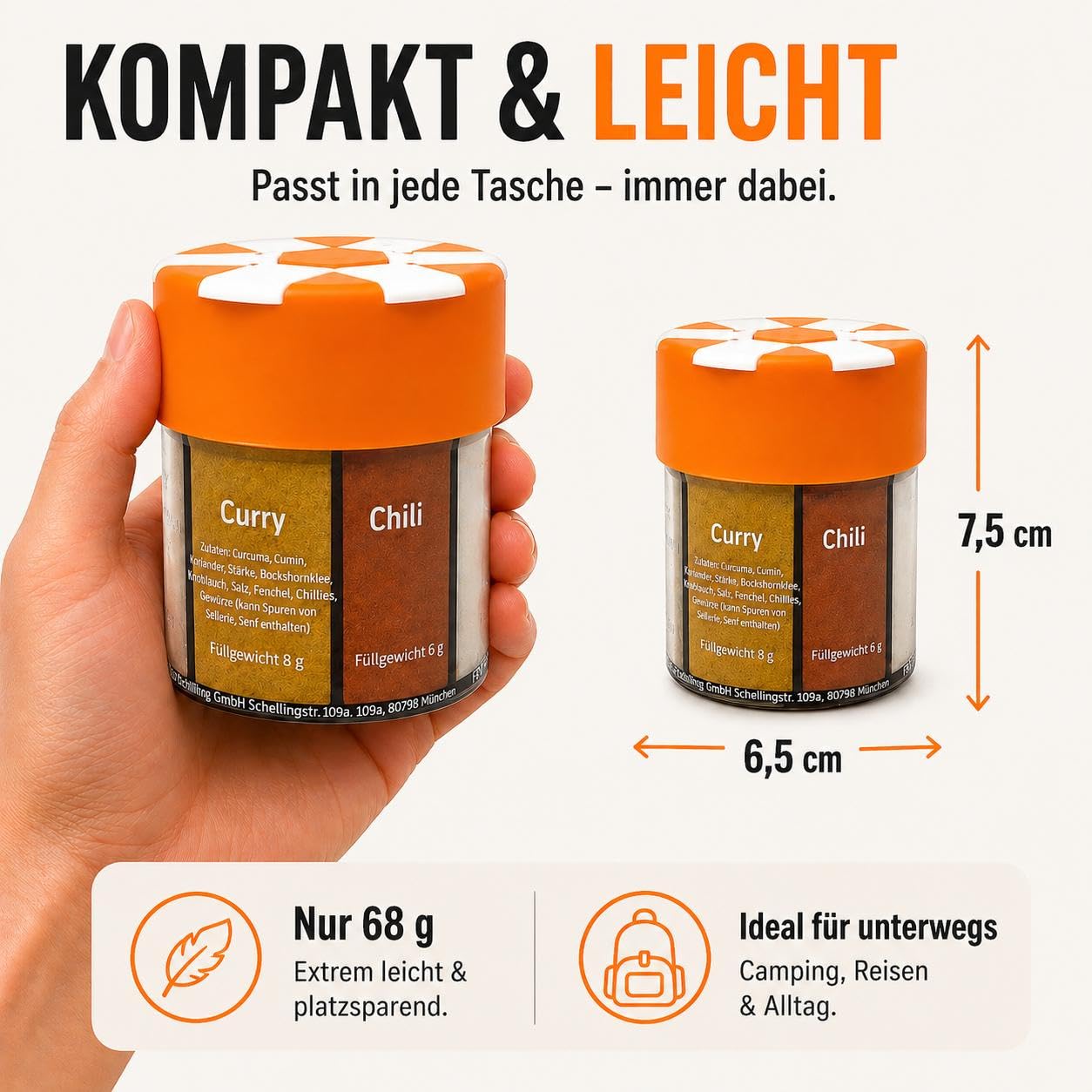 ration1 Gewürzstreuer XXL 6 in 1 Set für Camping-, Wander- und Outdoor-Ausrüstung, Gewürz-Organizer mit Salz, Pfeffer, Chili, Pfeffer, Knoblauch, Curry – Bild 4