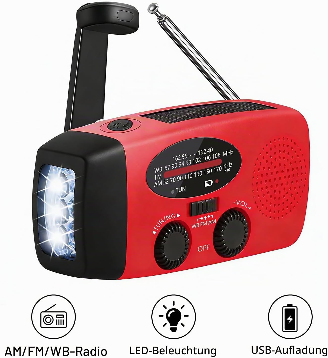 Notfall-Aufziehradio mit wiederaufladbarem USB-Ladegerät/3 LED-Taschenlampe/AM/FM/Wetter/tragbares Solar-Handkurbelradio für Haushalt und Outdoor, Camping, Wandern, Reisen – Bild 8