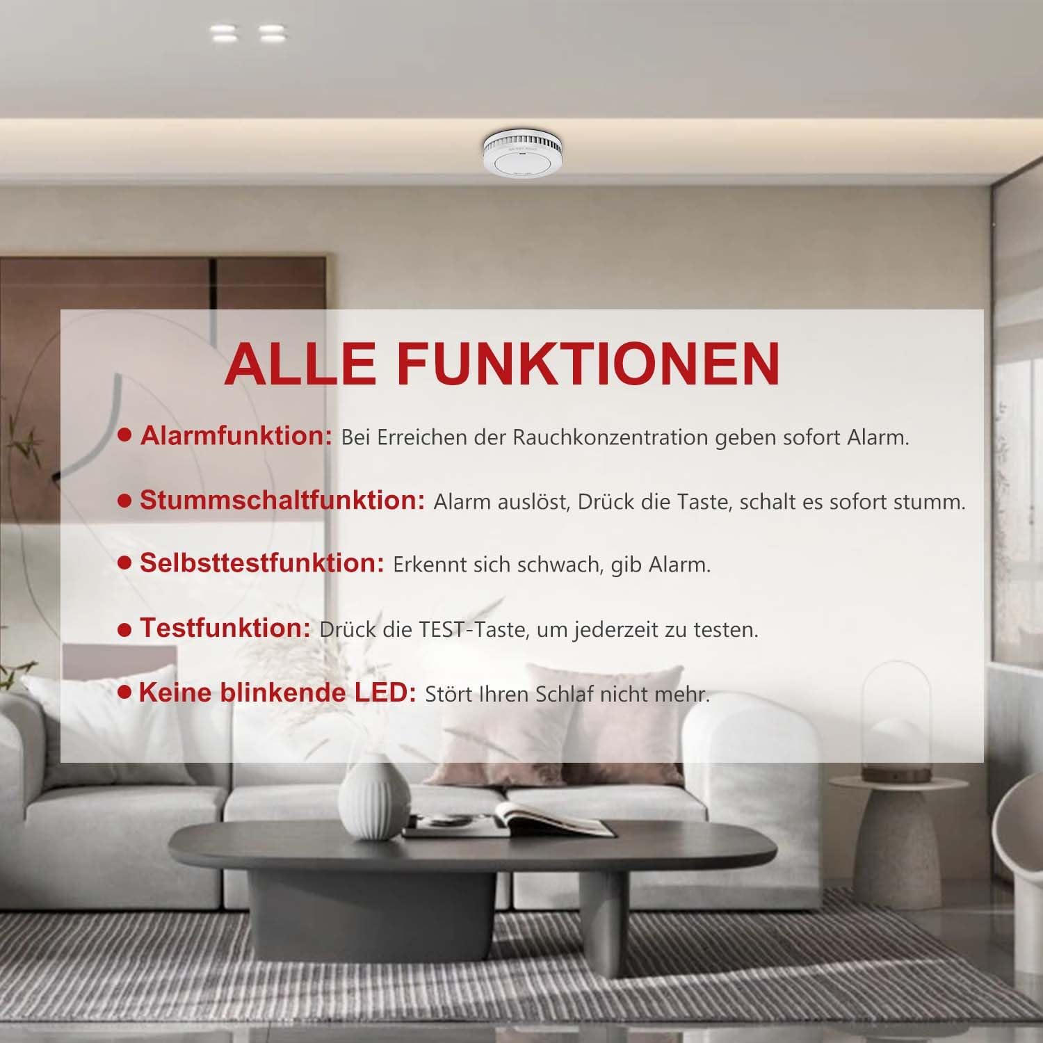 Rauchmelder 10 Jahresbatterie Flachbrandmelder TÜV geprüft 1 Stück | Mini-Rauchmelder, kein Anbringen oder Bohren erforderlich, EN14604-konform, selbstklebend, eigenständiger Brandmelder, weiß – Bild 6