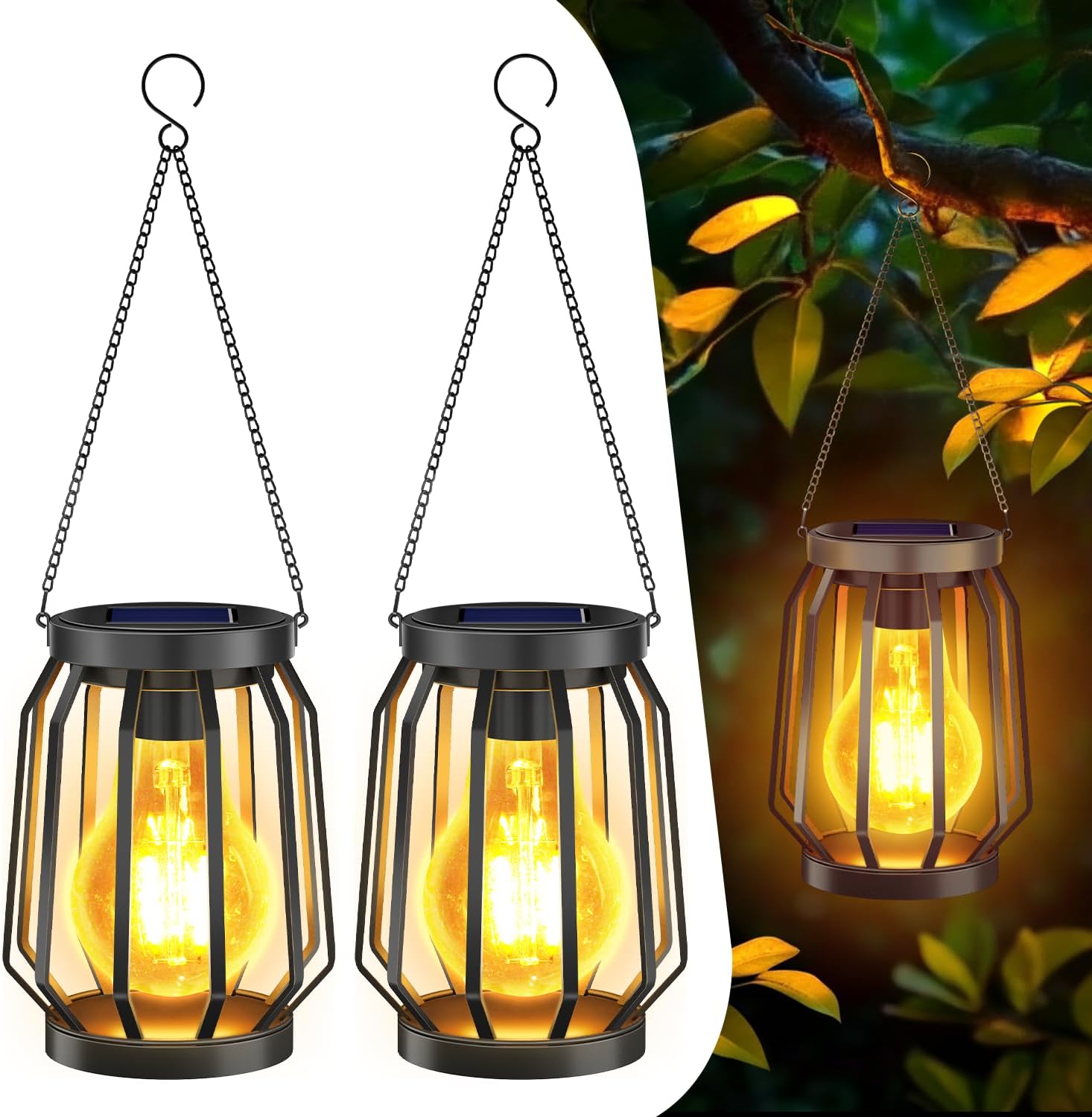 Solarleuchten zum Aufhängen im Freien, 2 Stück, Garten-Deko-Solarlaterne mit großer LED-Glühbirne, IP65 wasserdichte Solarleuchten, warmweiße Beleuchtung für draußen, Hof, Balkon, Terrasse, schwarzes Metall