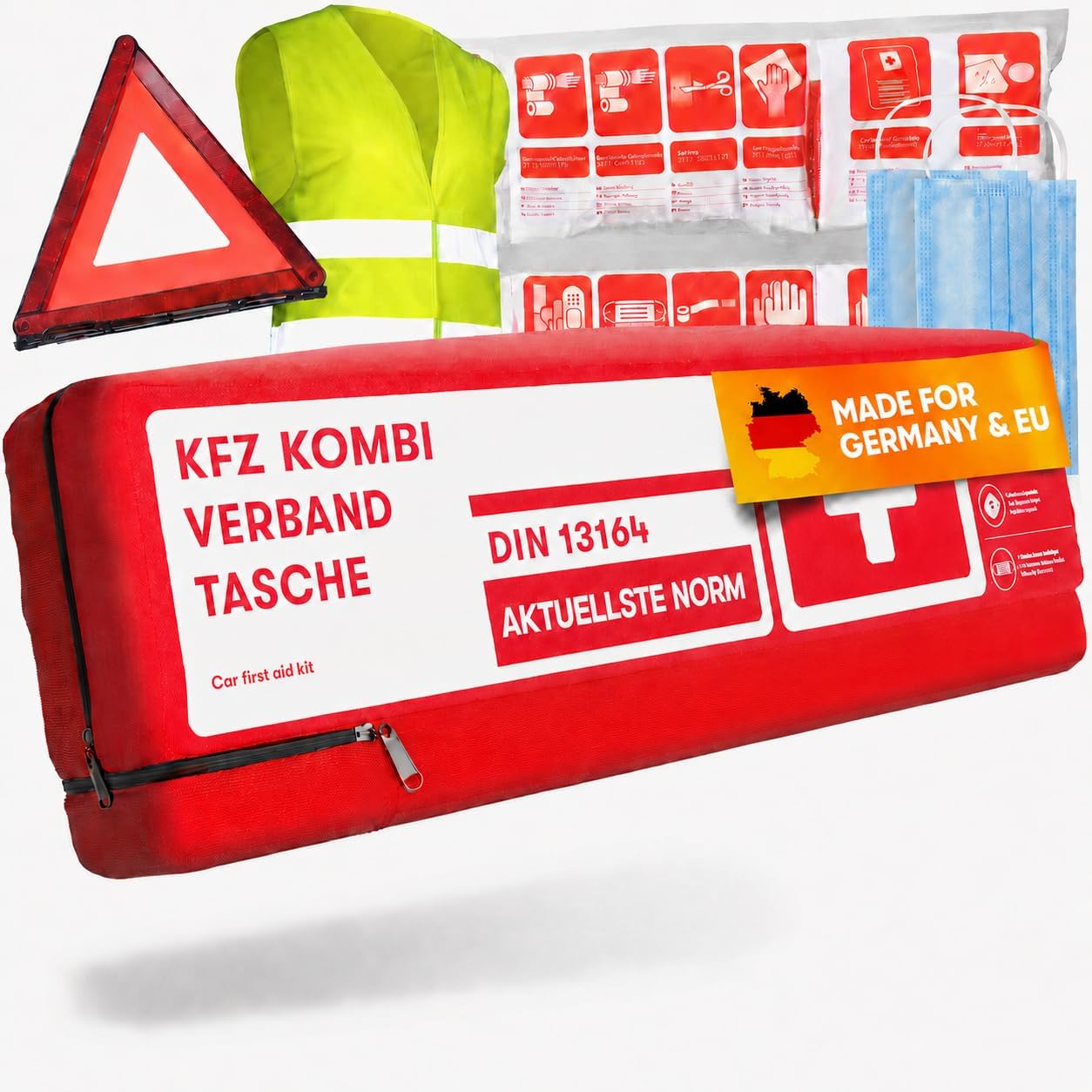 PURAHELP Auto-Kombitasche mit Lüftungstuch (DIN 13164) – Verbandskasten Auto mit Warndreieck & Warnweste – Auto-Verbandskasten StVO konform für 2026 – Verbandskasten Auto